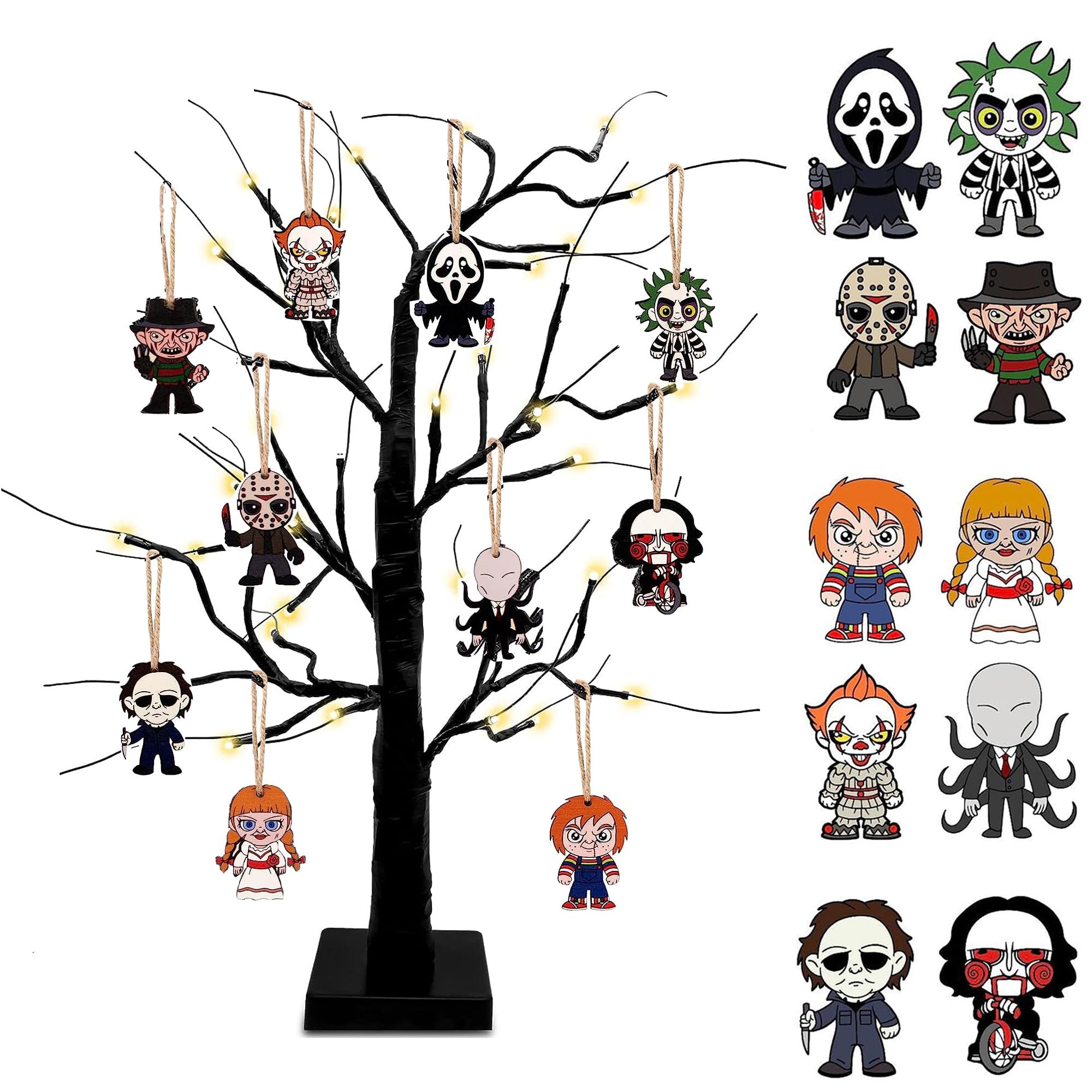 Bigspinach Black Horror Movies Tree Ornaments - Pack Of 10 Wooden Hanging Mini Halloween Tree Decorations Christmas Ornaments Halloween Room Décor