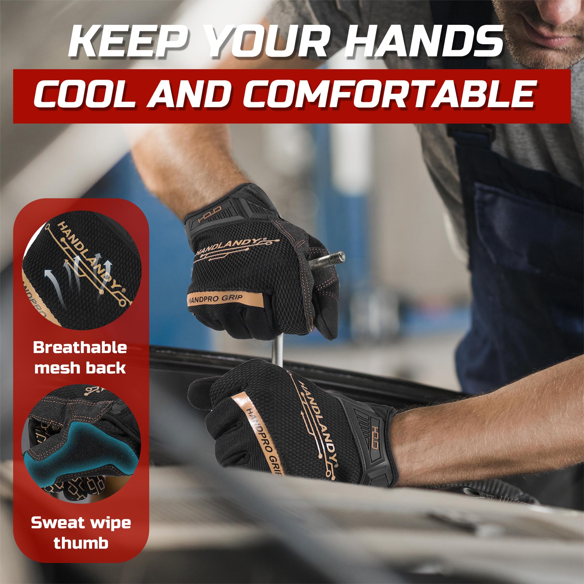 HANDLANDY Work Gloves with Grip for Men & Women, Safety Working Gloves Touchscreen for Wareshoue Mechanic Outside Yard (Black, Small) - Image 3