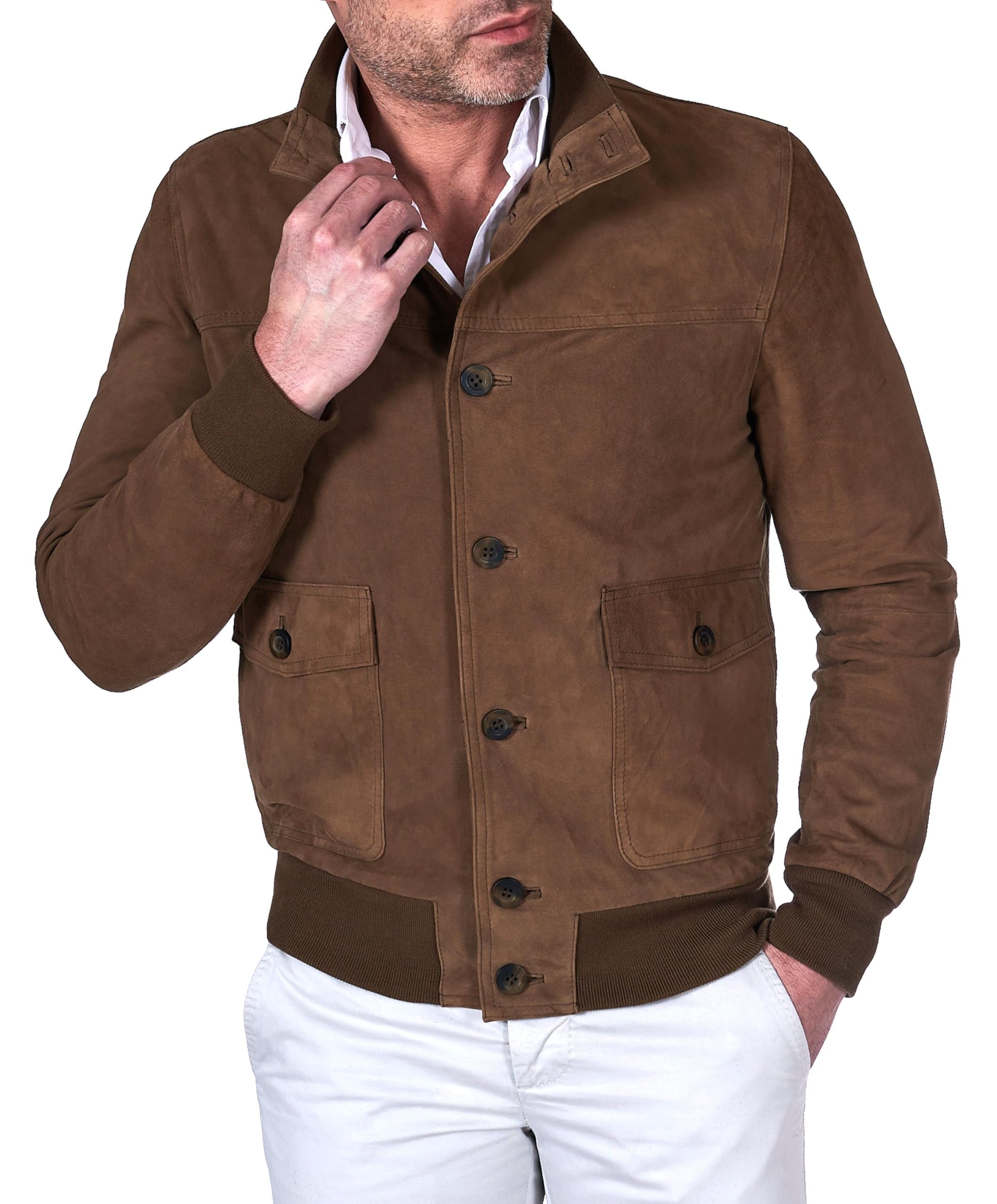 D'Arienzo Bomber in Pelle Uomo Beige Renna Giubbino Vera Pelle Alex Bottoni