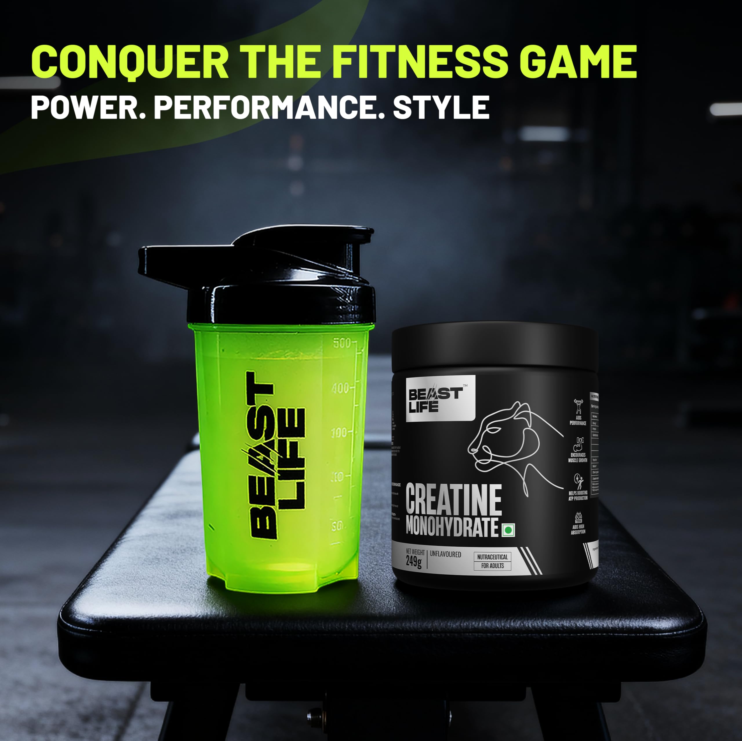 BeastLife Micronised Creatine Monohydrate with Free Shaker | 249g | 83 Servings | Unflavoured | NABL Lab Tested | Rapid Absorption for Muscle Strength & Athletic Performance | Super Micronised Creatine Powder 1