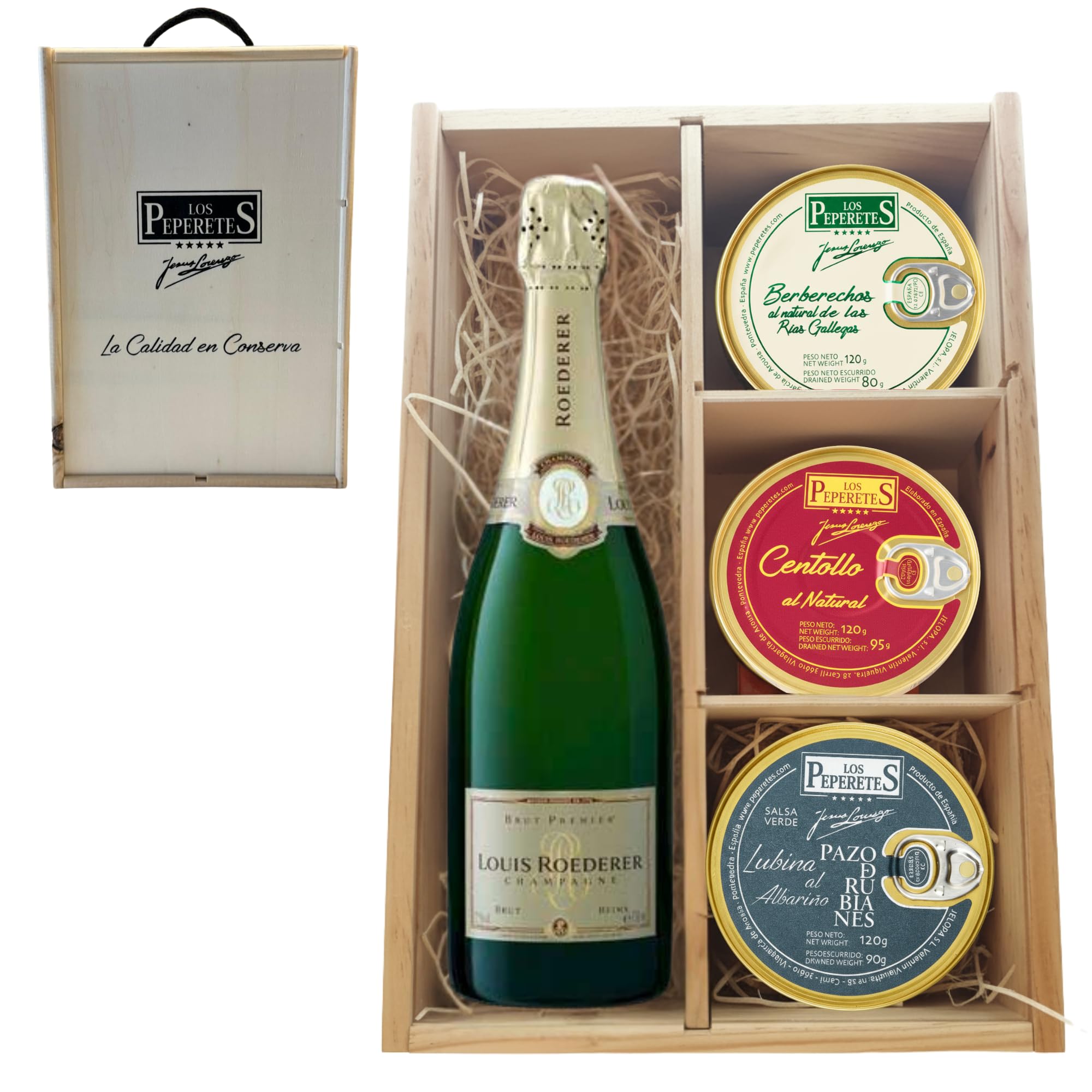 LOS PEPERETES Pack Superior Marisco Gallego con Champagne Roederer | Berberechos ×2 · Centollo ×2 · Lubina al Albariño ×2 | Lote Gourmet Premium