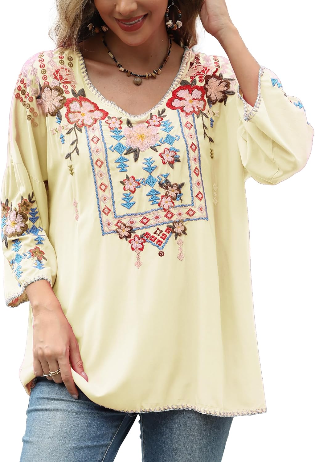 AK Women's Mexican Embroidered Tops 3/4 Sleeve Boho Hippie Plus Size Shirts for Ladies Casual Loose Peasant Blouse - Image 5