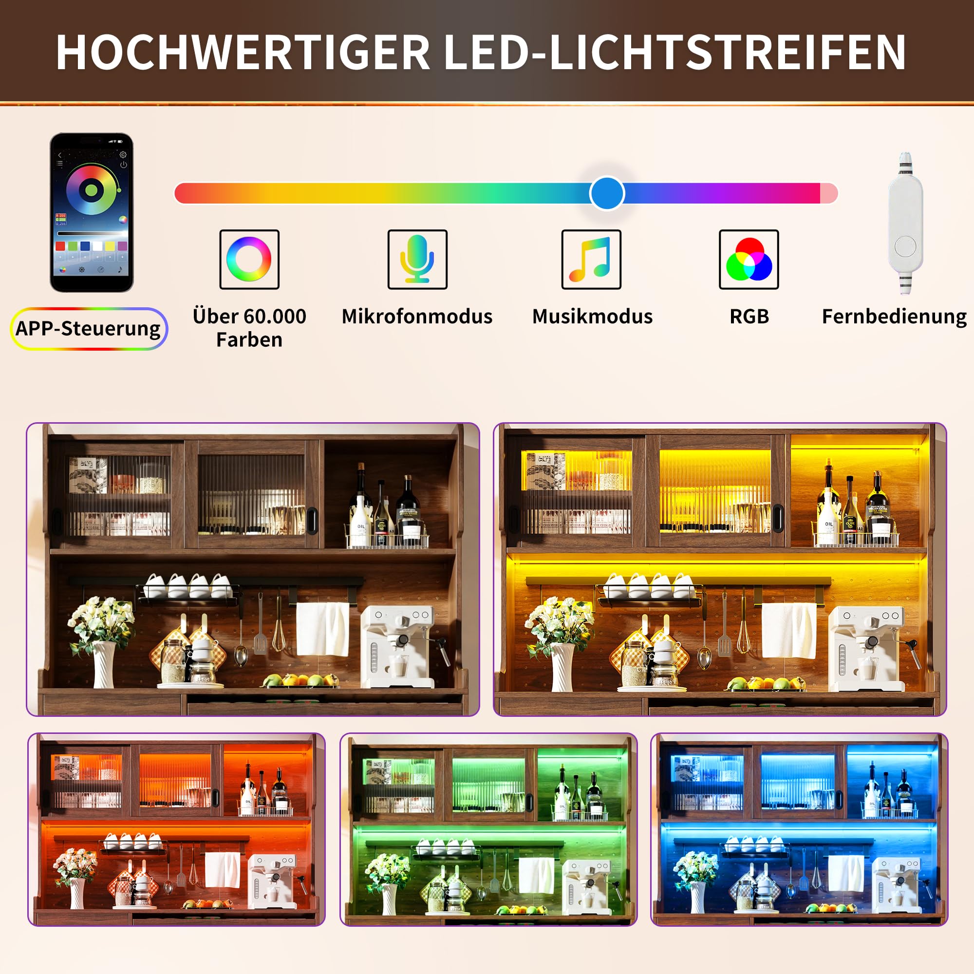 Armadio da cucina con LED e porta in vetro, stile rustico, credenza per cucina con piani di lavoro, porta scorrevole, grandi cassetti, ante in rattan, parete forata, armadio alto, 145 x 39 x 171 cm