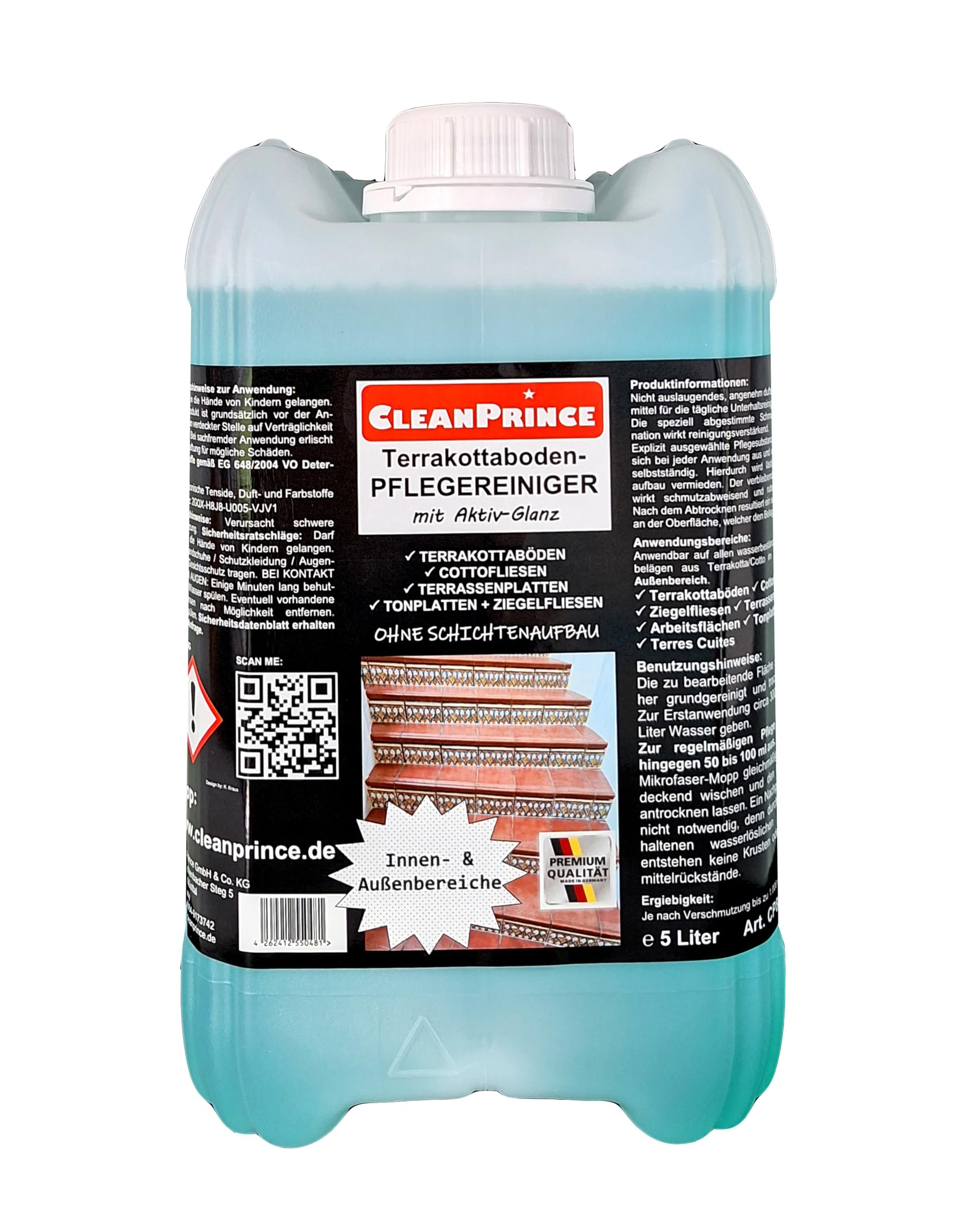 Limpiador de suelo de terracota, 5 litros, con brillo activo, limpieza de terracota, azulejos de terracota, para interiores y exteriores
