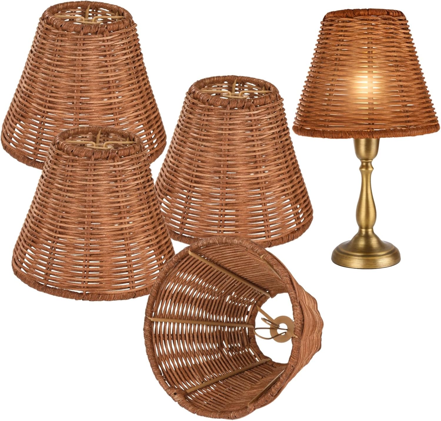 4 Pack Rattan Chandelier Shades, Small Woven Lampshades with Clip-On Fitter, Handmade Decorative Light Shades for Chandelier Bulbs, Lamp 3"×Top 6"×Bottom×5.1" Slant Height