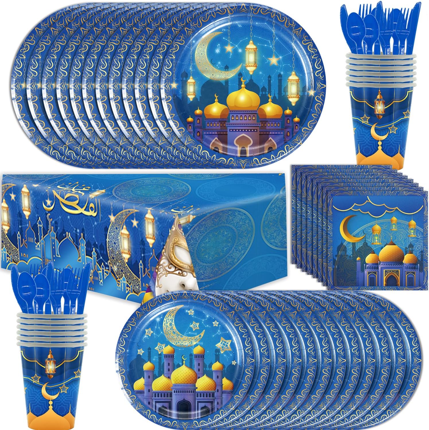 Ramadan Mubarak Supplies Eid Al-fitr Hari Raya Mosque Disposable Tablewares Green for 12-Persons Includes Paper Plates, Cups, Napkins, Set of Plastic Cutlery and Tablecloth …