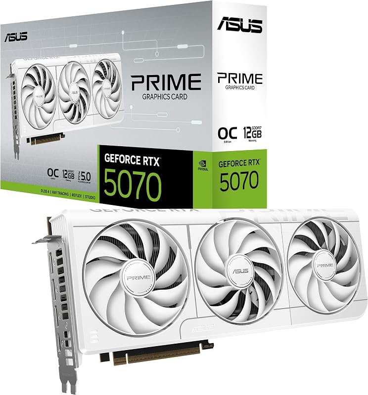 Tarjeta gráfica SFF-Ready Prime NVIDIA GeForce RTX 5070 White OC Edition (PCIe 5.0, 12 GB GDDR7, HDMI/DP 2.1, 2.5 ranuras, ventiladores de tecnología axial, BIOS dual), 3 años de garantía