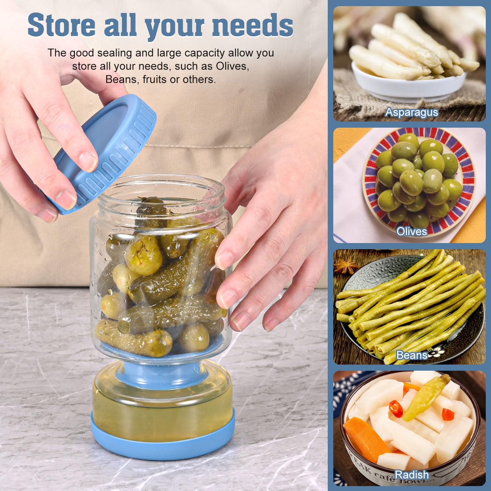 Bocal à Concombre Avec Passoire 1500 Ml - Pot à Retourner Pour Cornichons, Olives, Kimchi, Sépare Les Liquides