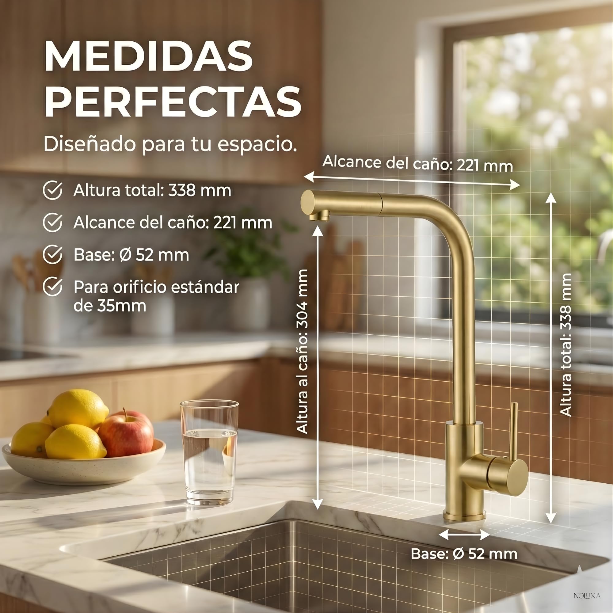 IMEX - Grifo Cocina Dorado Extraíble | Grifo Monomando Fregadero | Griferia Cocina con Ducha Flexible 360º | Grifería en Latón | Serie Malta | Color Oro Cepillado