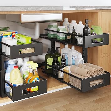 2 Packs 19IN Depth Under Sink Organizer, 2-Tier Pull Out Cabinet Organizer With Smooth Circular Rail, Large Capacity Metal Mesh Sliding Drawers For Bathroom& Kitchen Storage,Height Adjustable Black