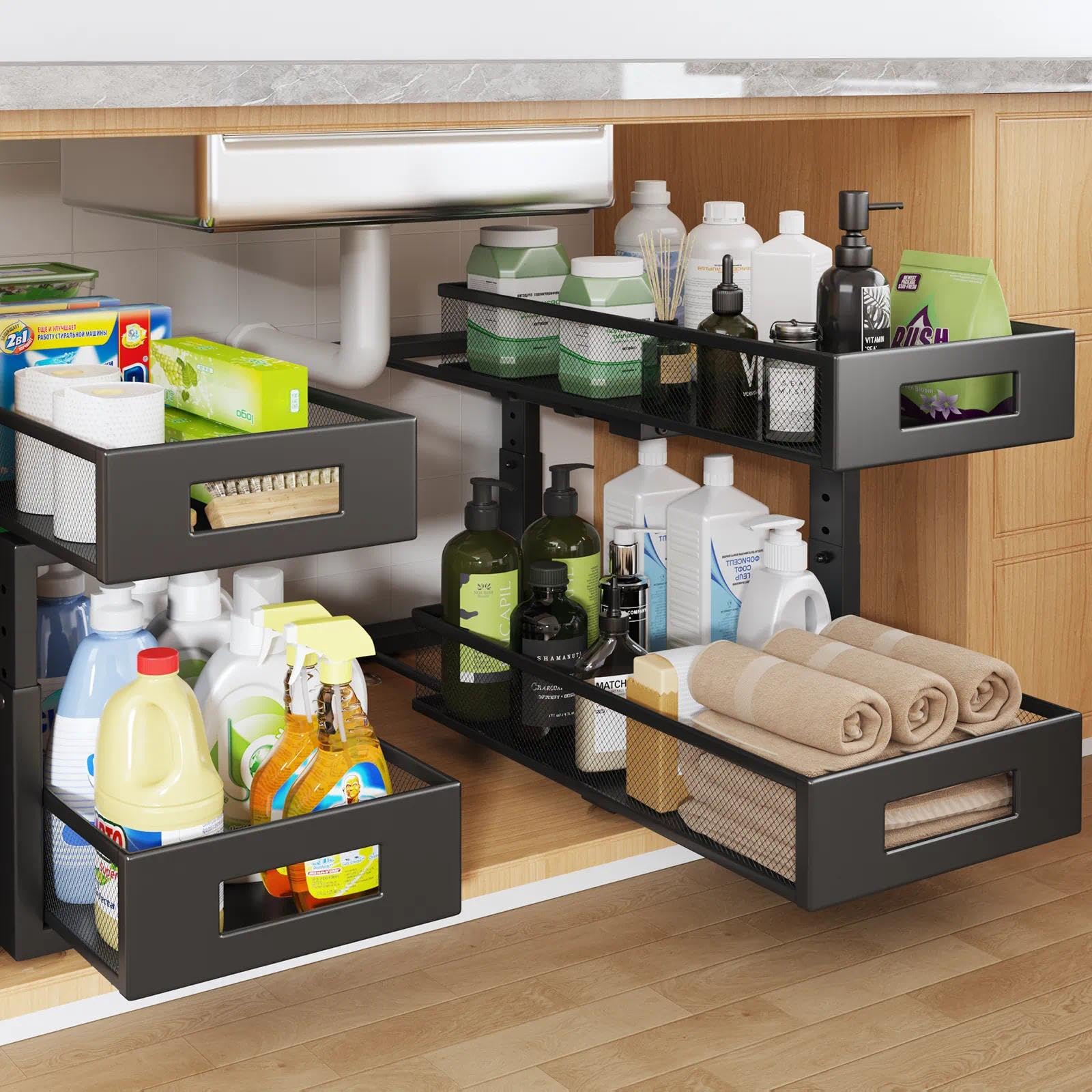 2 Packs 19IN Depth Under Sink Organizer, 2-Tier Pull Out Cabinet Organizer With Smooth Circular Rail, Large Capacity Metal Mesh Sliding Drawers For Bathroom&amp; Kitchen Storage,Height Adjustable –Black