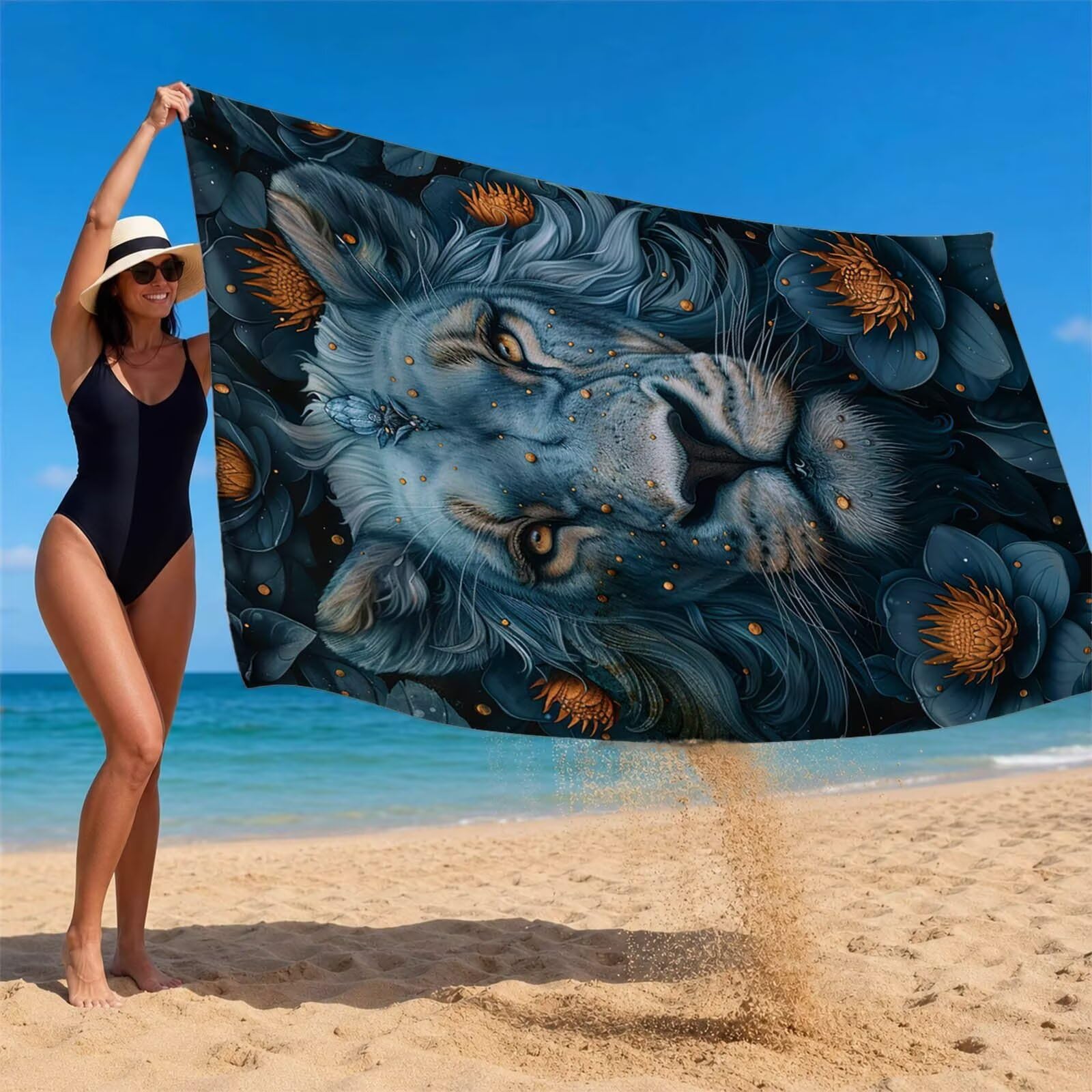 León Toalla Playa 220 x 160 Resistente a la Arena Secado rápido Ligero, Toalla Playa Grande 160x220cm Suave Cómodo como Gym Yoga Sauna Toallas Baño Grandes Exterior Travel Essentials Animal XTLS-5429