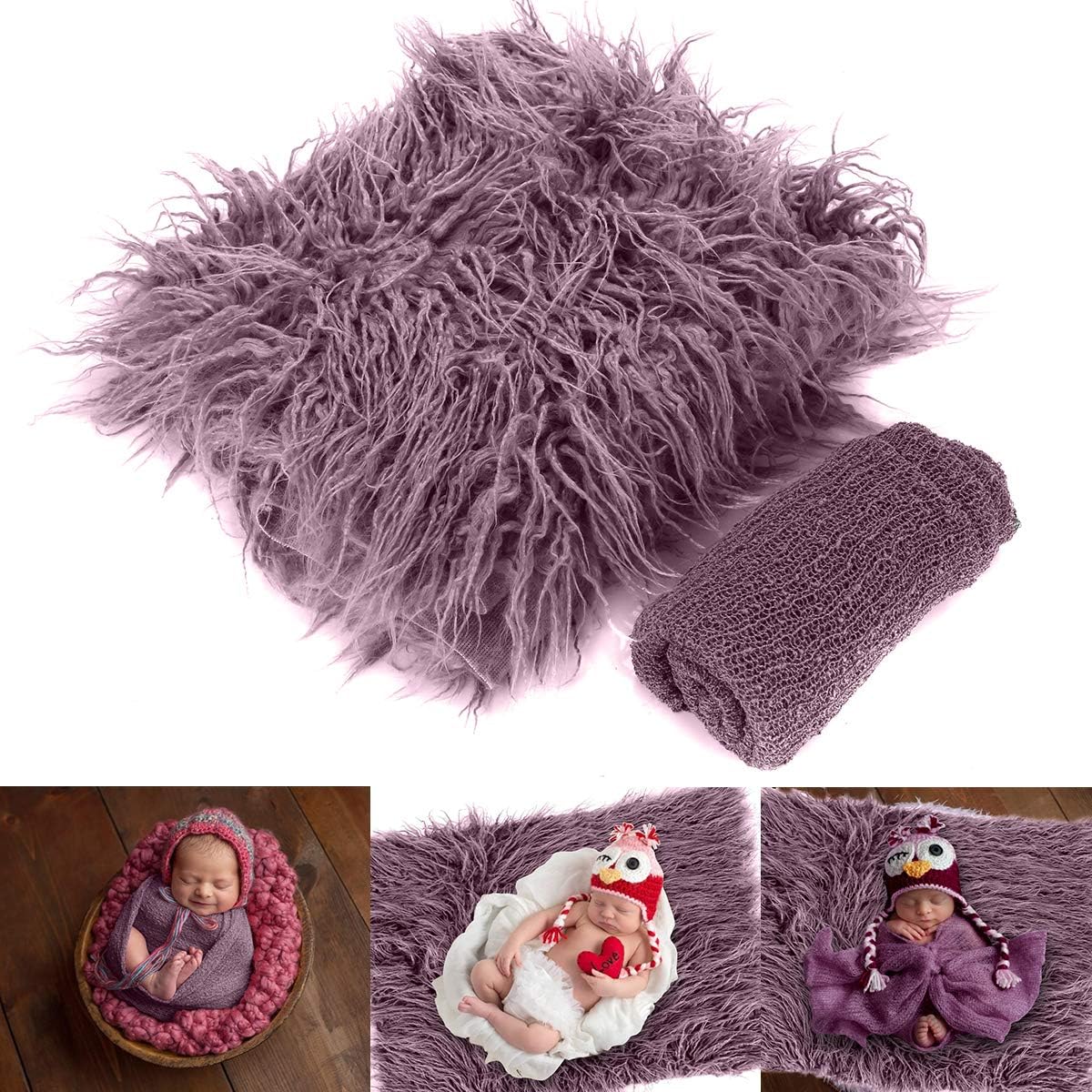 Baby Photography Props Fluffy Blanket + Ripple Wrap Set Newborn Photography Wrap Mat - Taro Purple