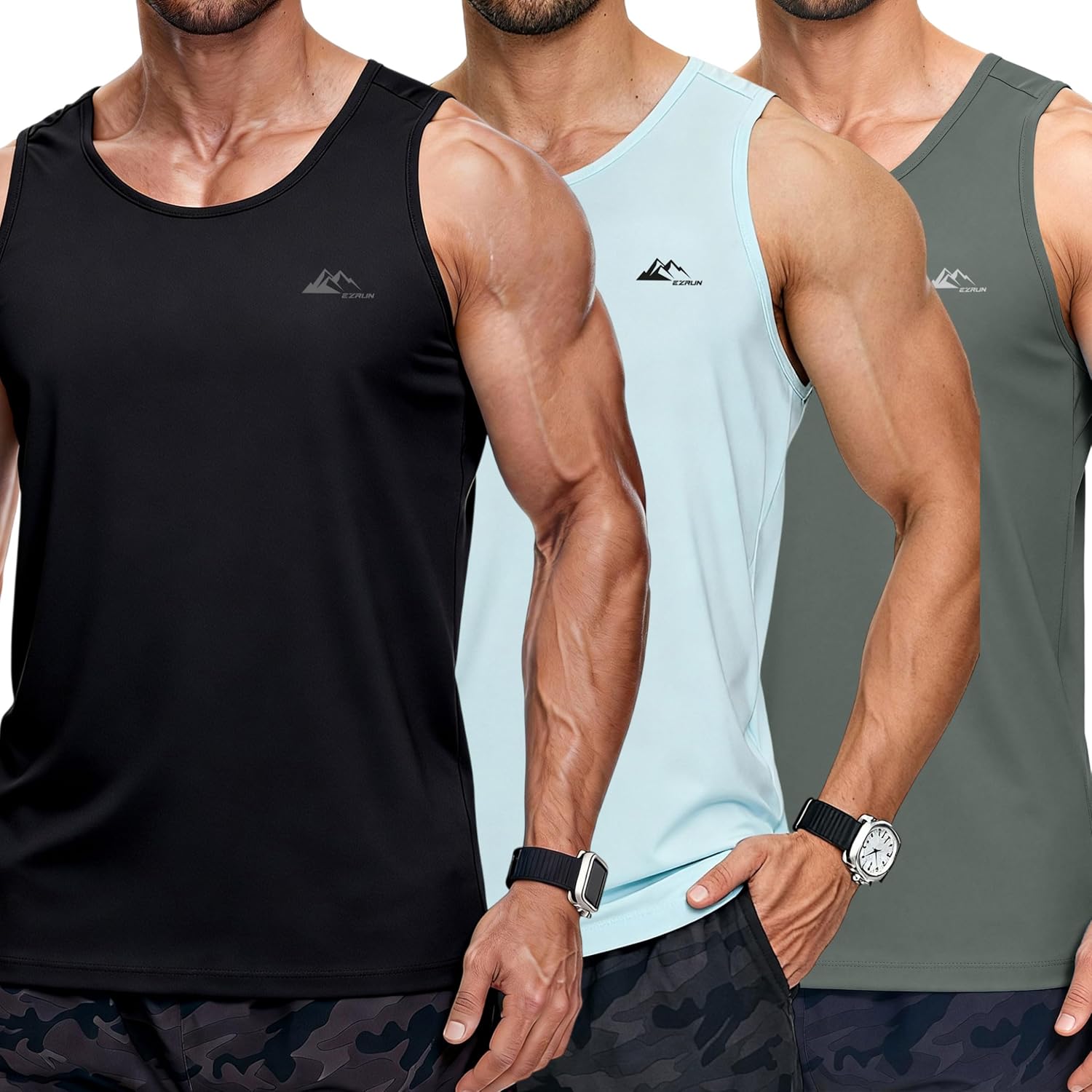 EZRUN Men's Quick Dry Tank Top UPF 50+ Summer Workout Muscle Sleeveless Shirts for Swim Beach Gym Bodybuilding