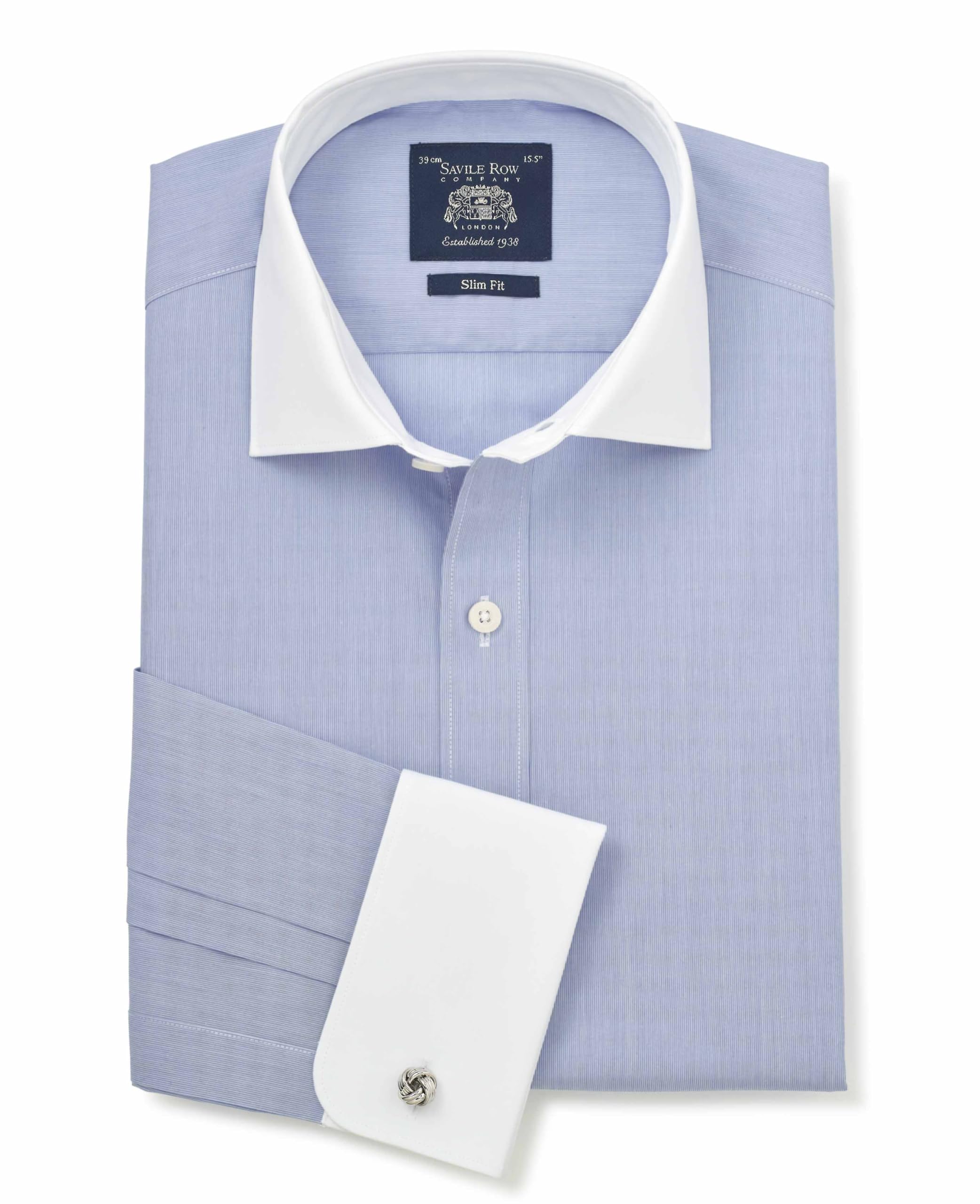 The Savile Row Company London Men's Blue White Micro Stripe / White Collar & Cuffs Slim Fit Cotton Poplin Winchester Double Cuff Formal Shirt - Blue White Stripe - 16" Collar