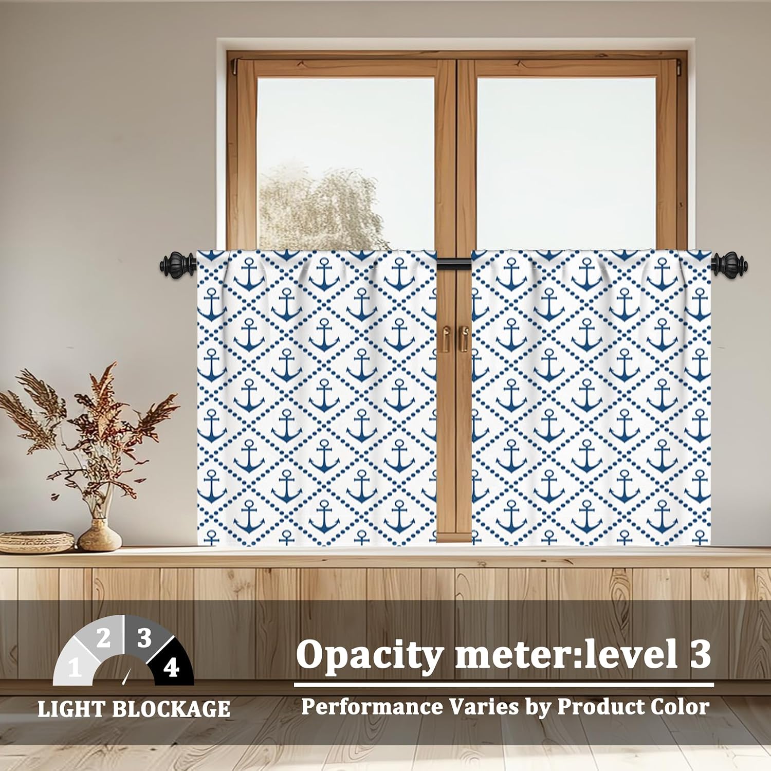 Nautical Anchor Kitchen Curtains White Curtains for Bathroom Window 26x36