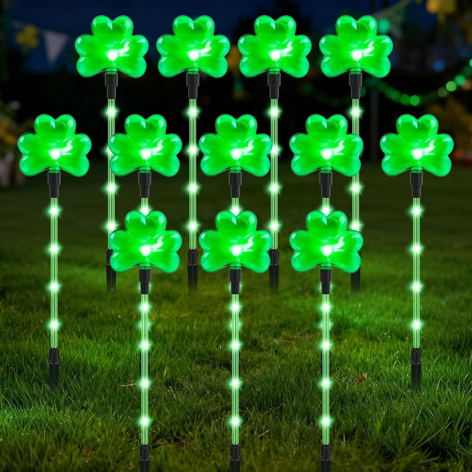 12 Packs Shamrock Pathway Lights Outdoor Decorations for St. Patricks Day, Green Lucky Clover w/ 8 Modes Lighting Auto ON/Off Waterproof Stake Lights for Festive Outside Garden, Yard Decor