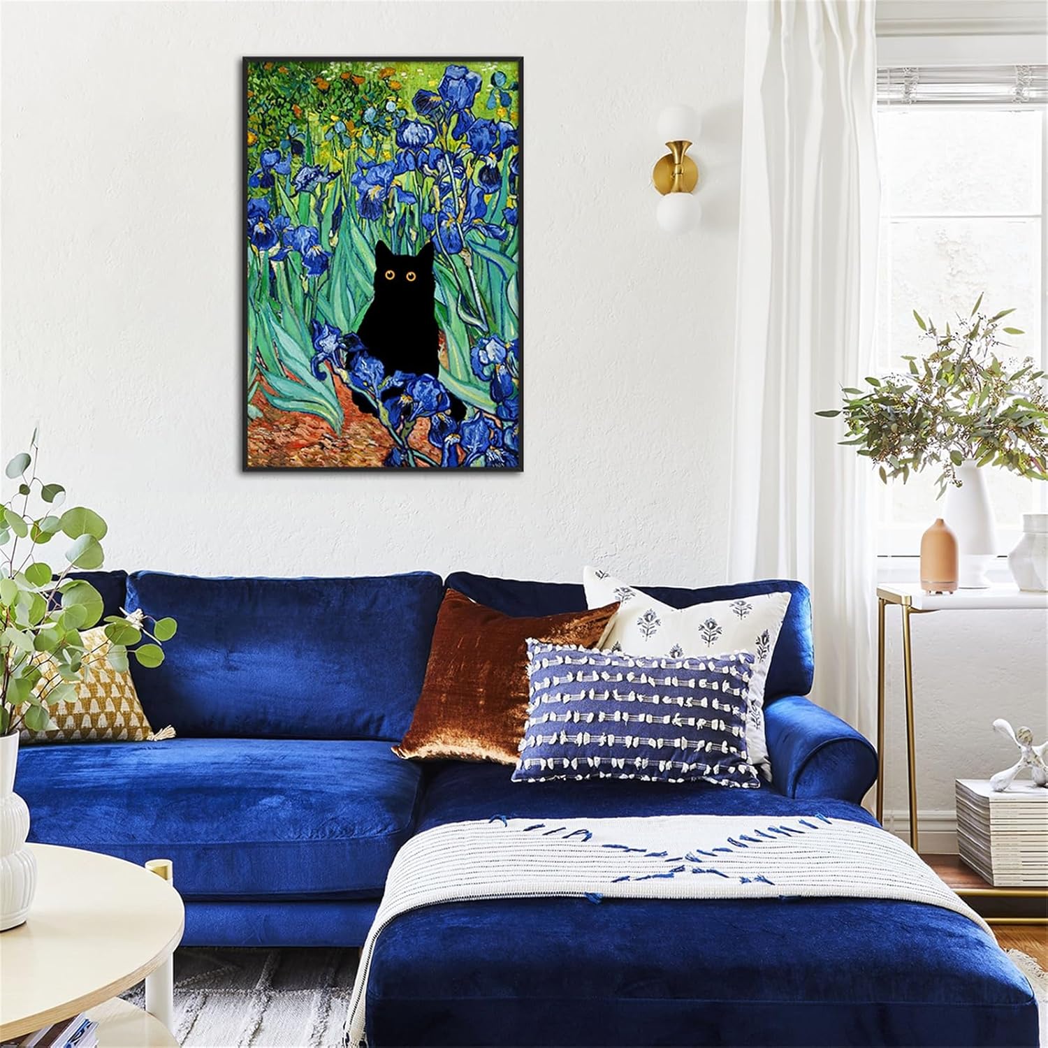 Black Framed Art Van Gogh Irises Canvas Wall Art Famous Oil Paintings Garden Flower Black Cat Poster Funny Cat Floral Print Colorful Abstract Farmhouse Gallery Aesthetic Room Wall Decor for Bathroom 24x36in Framed