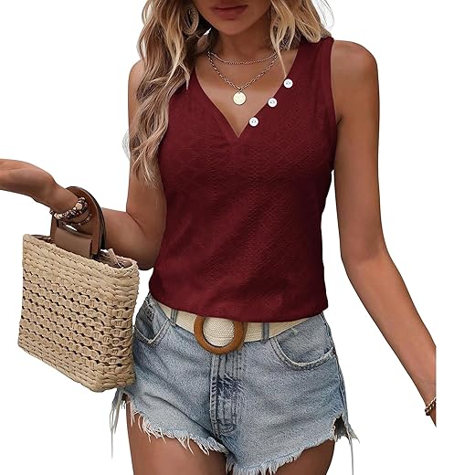 Blusa feminina com gola V e manga - túnica casual de ajuste solto com detalhes bordados, camisa elegante elegante para mulheres, Claret, M