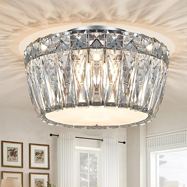 KARMIQI Ceiling Lights Living Room 3-Light Modern Crystal Flush Ceiling Light, Drum Shaped Chrome Finish with G9 Bulbs, for Bedroom Hallway Entryway