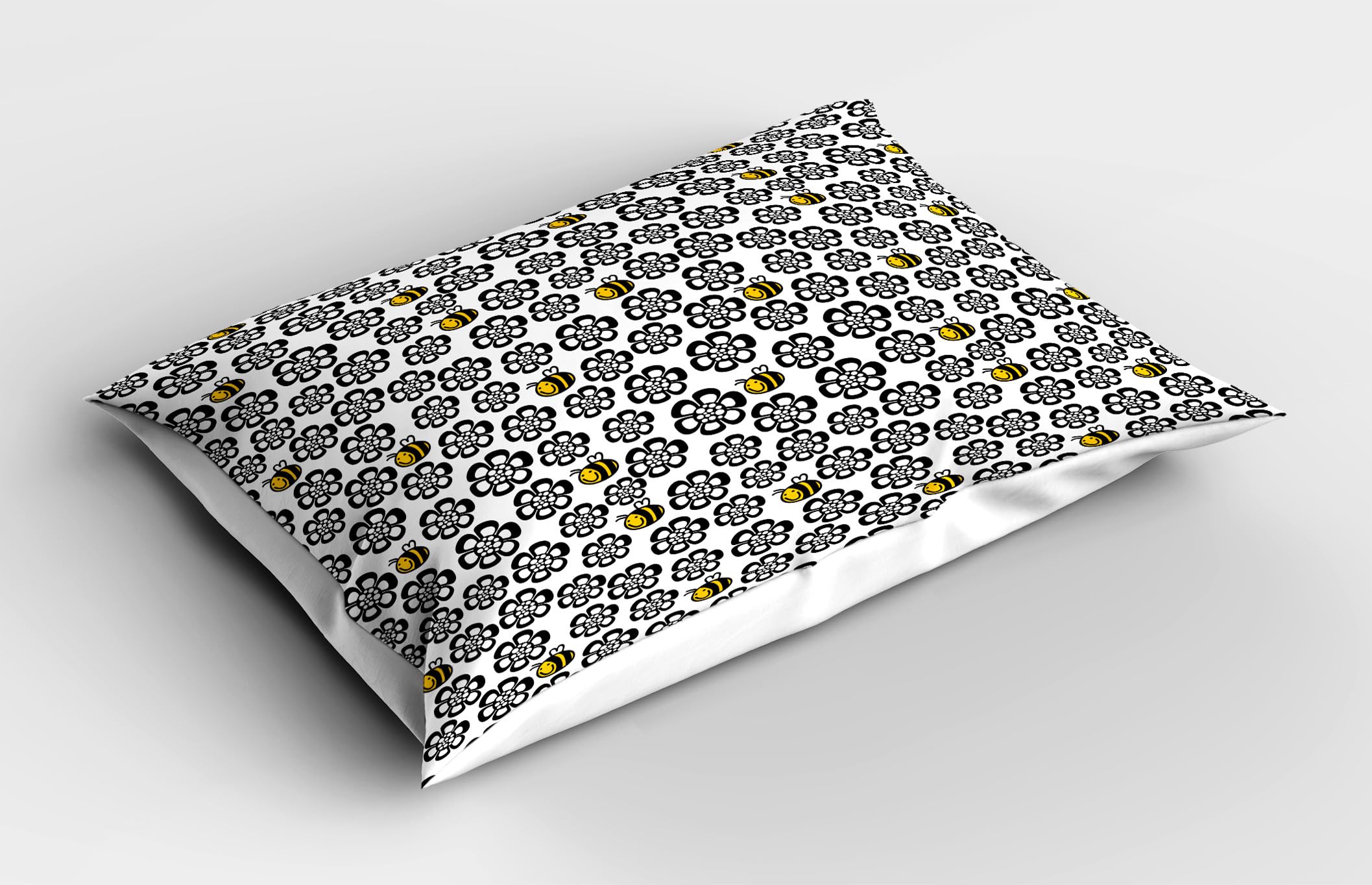 Ambesonne Bee Pillow Sham Set of 2, Silhouette Floral Pattern with Colored Cartoon Bees Flying in Botany Nature, Quality Microfiber Bedding Item for All Seasons, 36