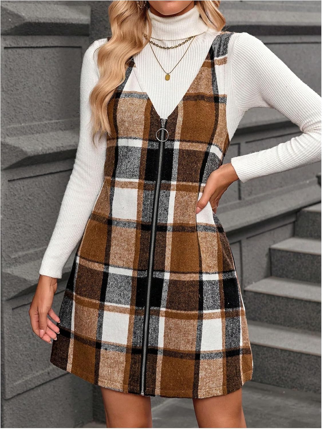 Milumia Women's Overall Dress Plaid Zip Front Sleeveless Jumper Dresses - Image 3