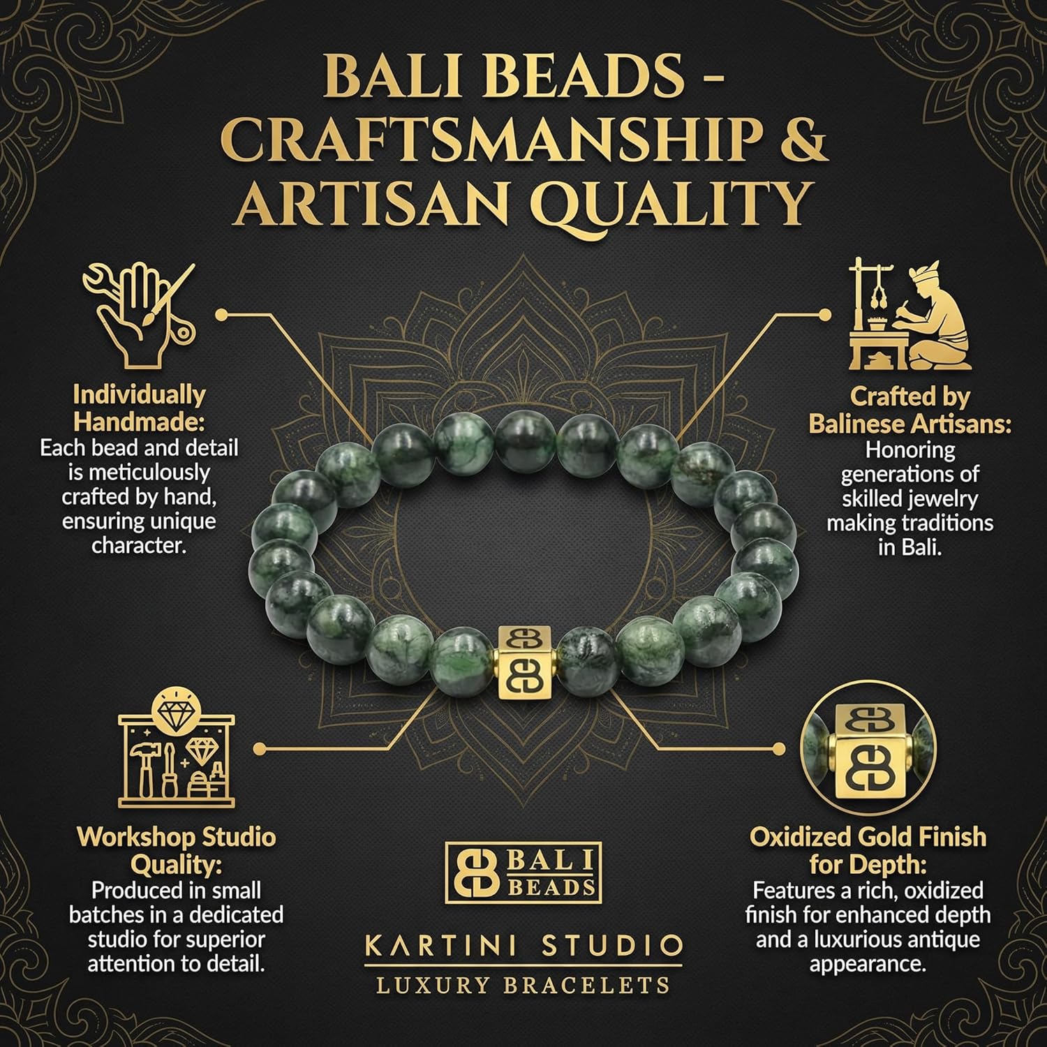 Kartini Studio Dark Green Jade and 22 Karat Gold Bracelet, Men's Jade Bracelet, Quality Bead Jewelry for Man