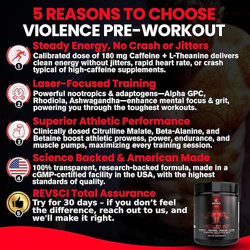 Miniatura 2 de Violence - Polvo de preentrenamiento para hombres y mujeres, dosificado clínicamente, 180 mg de cafeína + L-teanina, L citrulina malato, beta