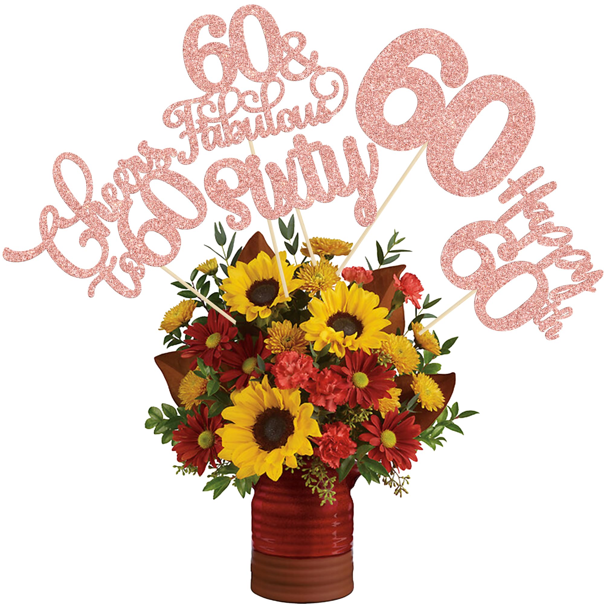 Ephlyn 15Pcs 60th Birthday Centerpiece Sticks Sixty Happy 60 Table Flower Centerpieces Sticks Cheers to 60 Floral Decorations for 60th Birthday Party Centerpieces Supplies Rose Gold