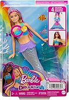 Vista 6 de Muñeca de sirena Barbie con cola que se ilumina con luz brillante activada por agua, juguetes de sirena Barbie Dreamtopia, pelo con rayas rosas