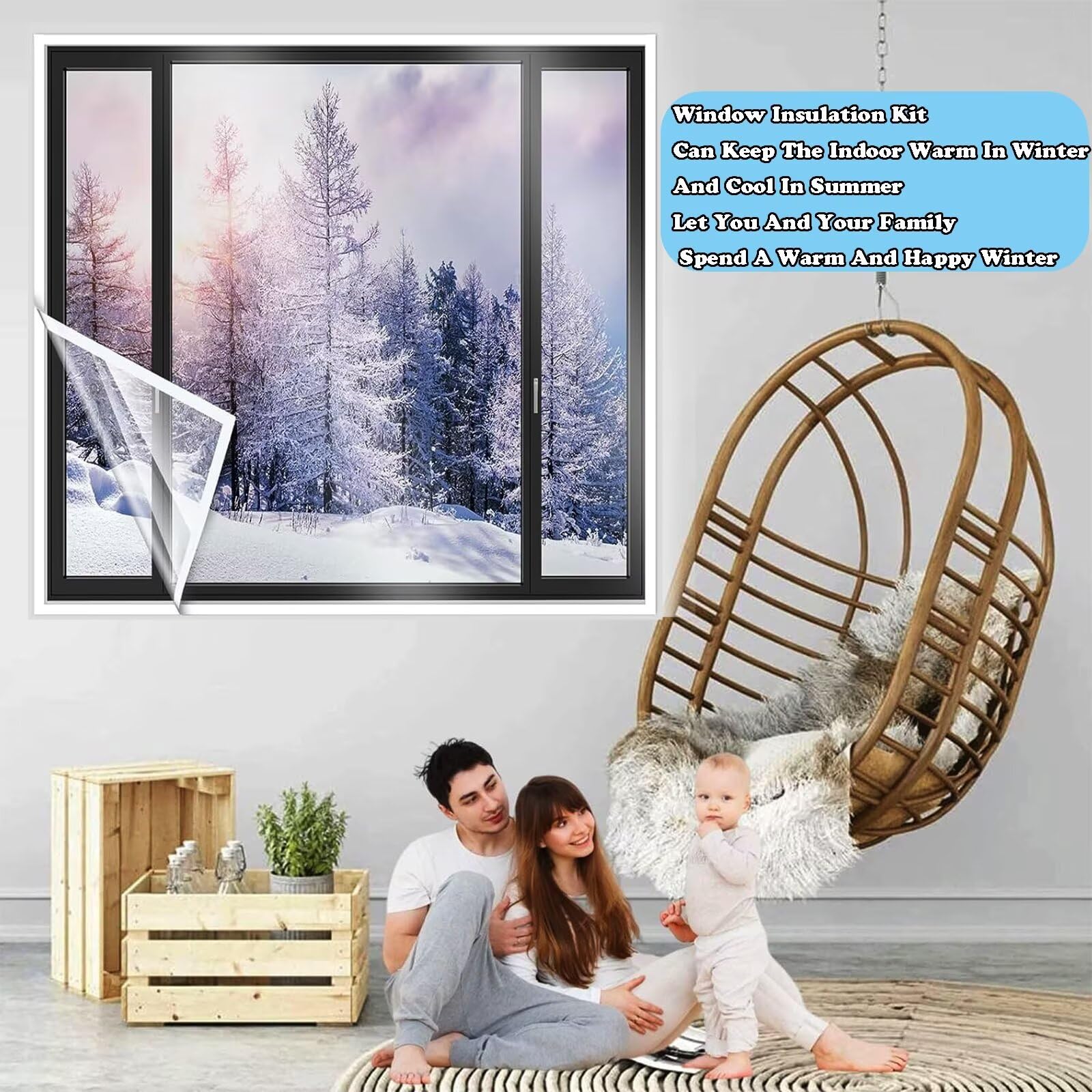 Fenster Isolierfolie 185x200cm Schwarz Thermo Isolier-Schutz-Vorhang,Winter-Fenster-Isolierset,Außen & Innen Kälteschutz Wärmeisolierung Fensterfolie