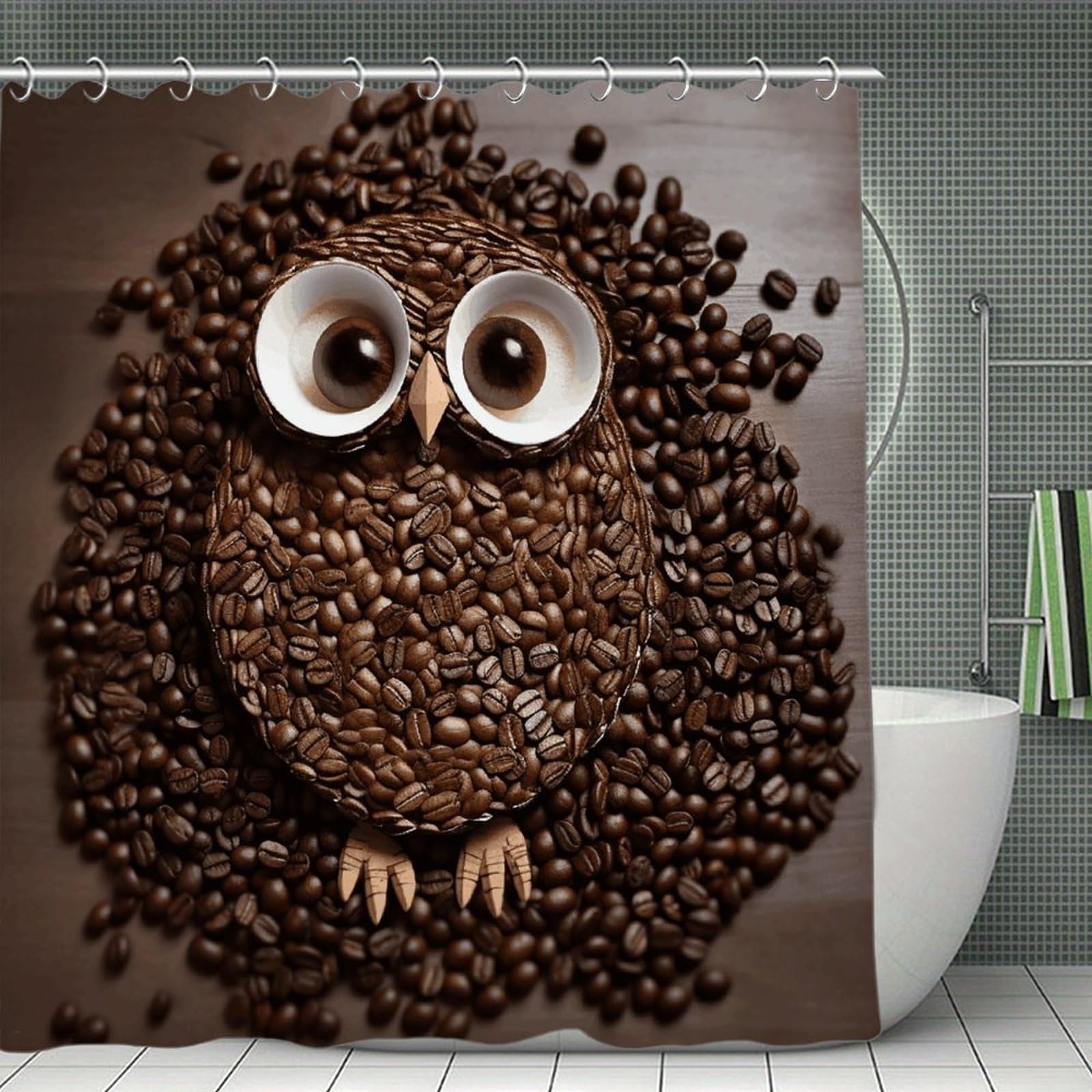 VstaDank Coffee Bean Owl Bath Curtain Elegant Heavy Duty Shower Curtains 70x70 in Rustic Farmhouse Cloth Shower Curtains Neutral Modern Bath Curtain for Bathroom