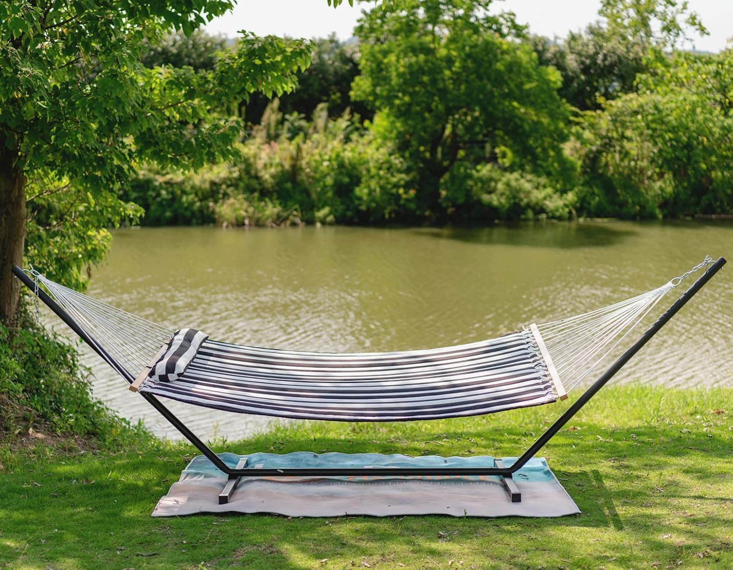 Lazy Daze Hammocks 12FT Quilted Fabric Double Hammock with Spreader Bars and Detachable Pillow, 2-Person for Outside Patio Poolside Backyard Beach, 450 lbs Capacity, Black White