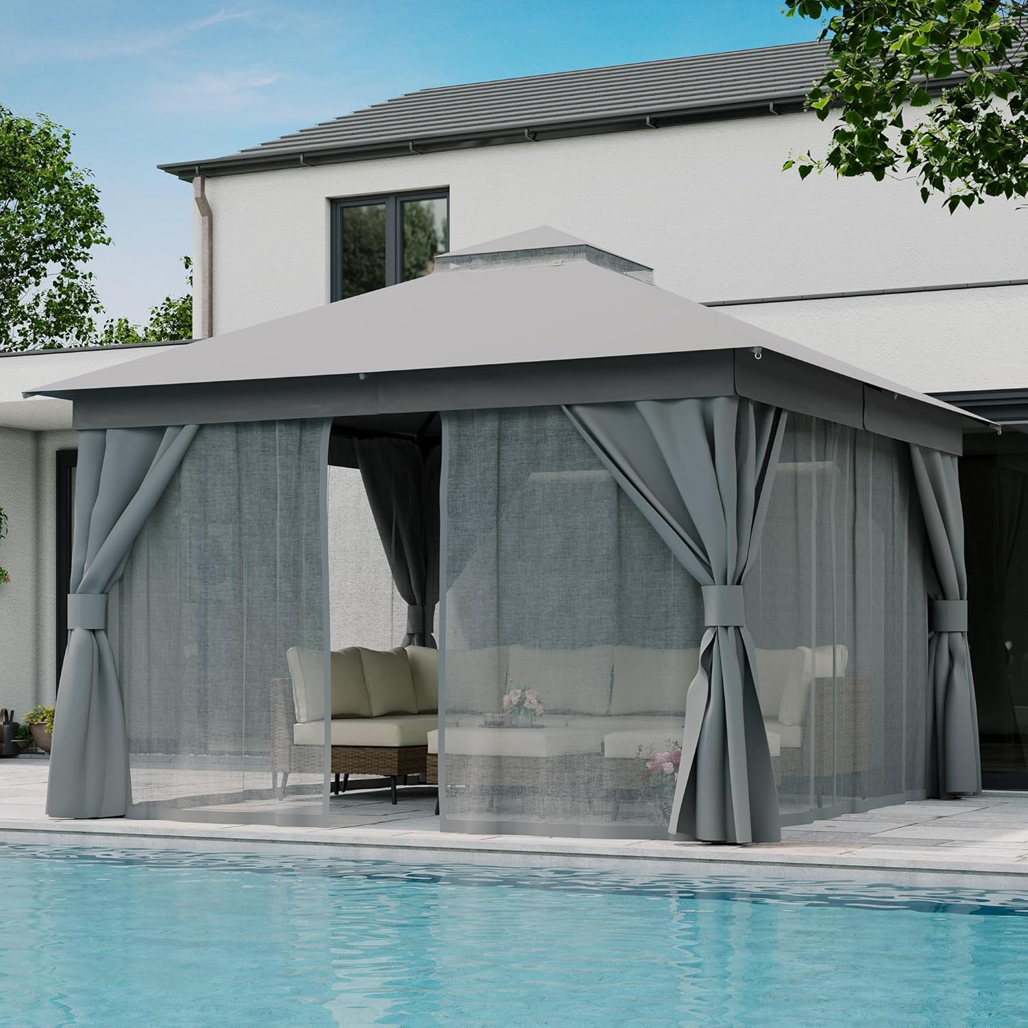 LAUSAINT HOME Patio Gazebo 12'x12', Outdoor Heavy Duty Party Tent Shelter with Double Roofs, Mosquito Nettings and Privacy Screens for Backyard, Garden, Lawn, Gray