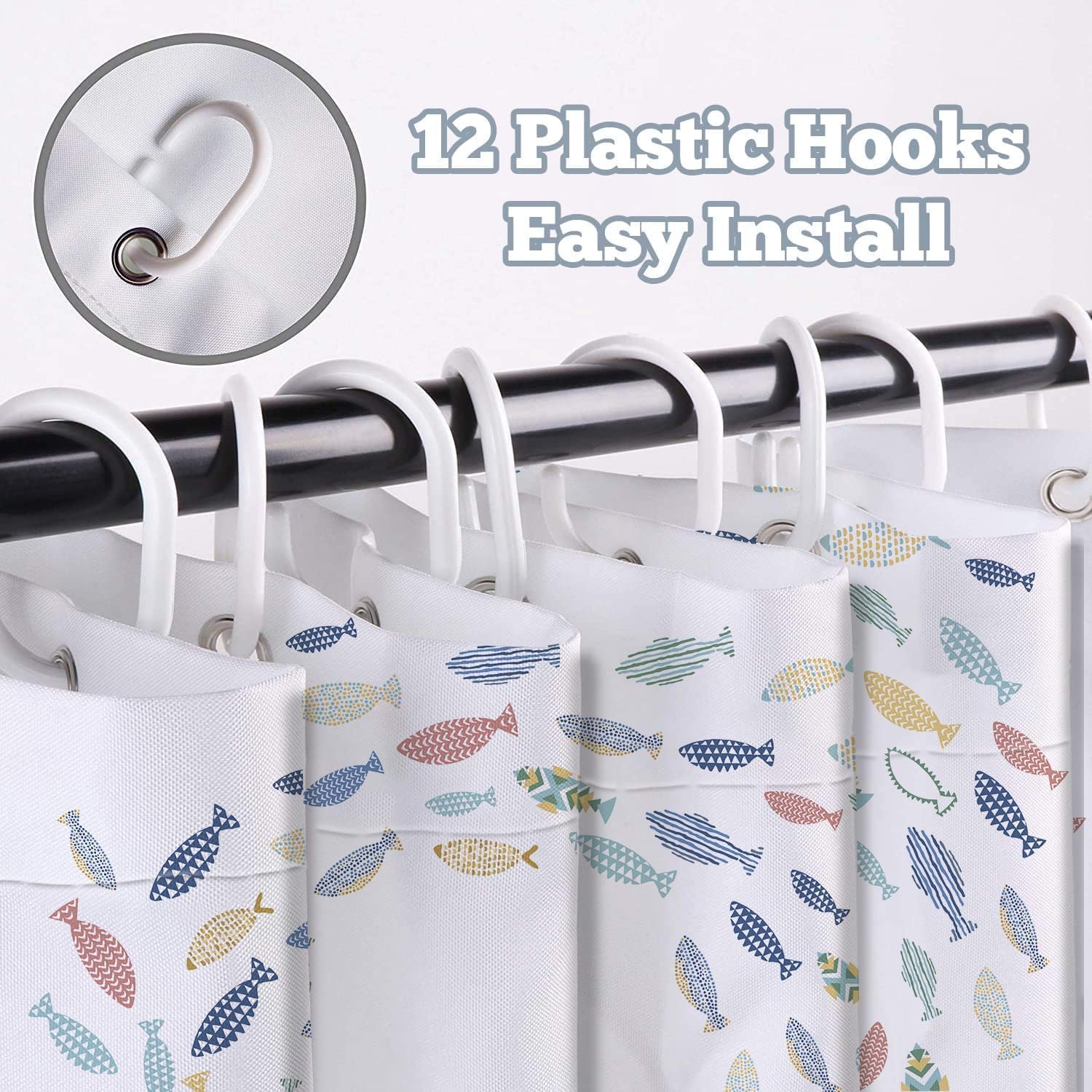 Moonslim Fish Shower Curtains, Colorful Fishes Swimming Shower Curtain, White Minimalist Aesthetic Bath Curtain for Bathroom Decor Waterproof Fabric Cloth with Hooks 72X78 Inch