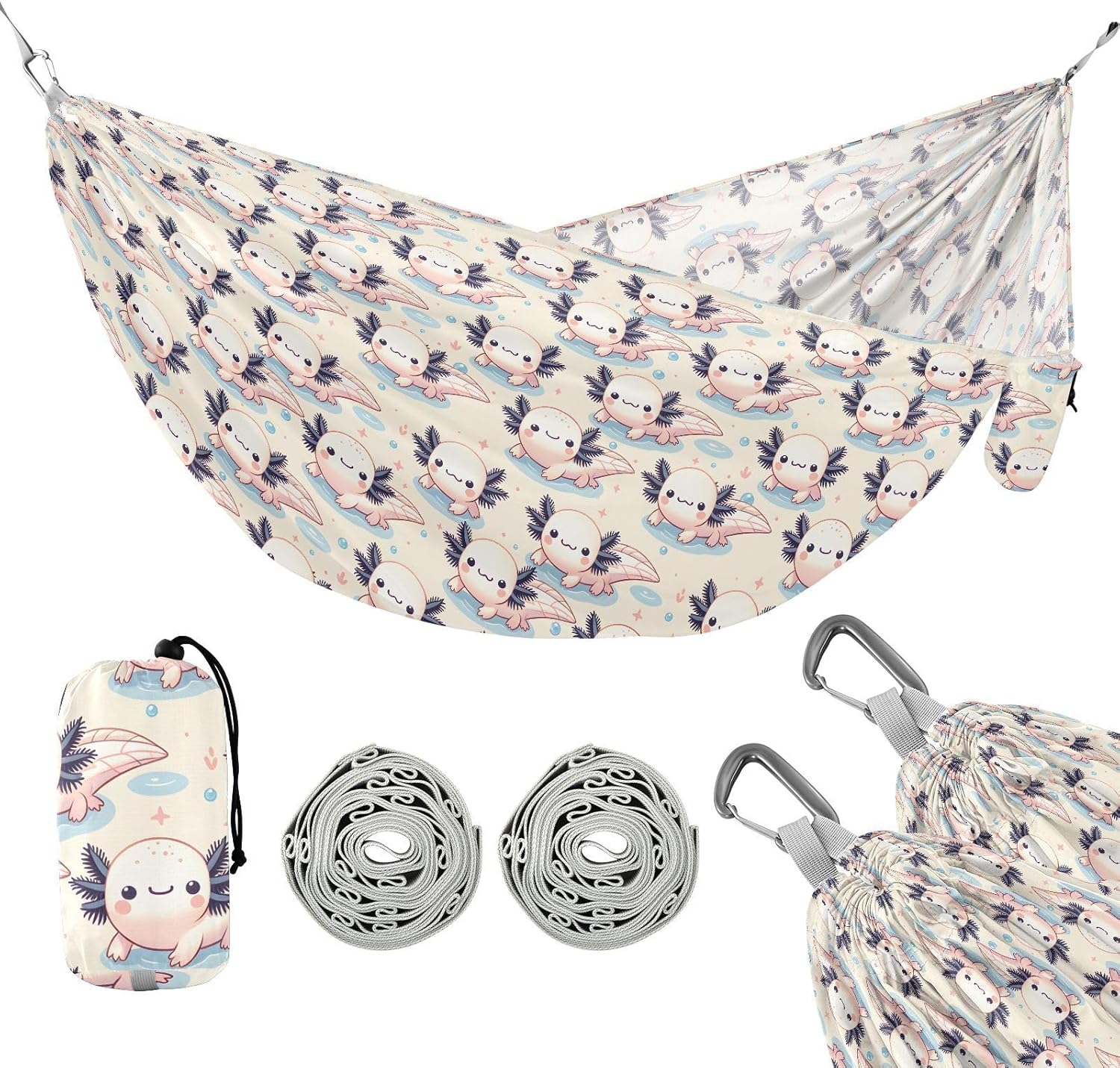 ALAZA Cute Axolotl Camping Hammocks Single or 2 Person 500 lbs Portable Parachute Travel Hammock w/Tree Straps for Hiking Backpacking Indoor Outdoor