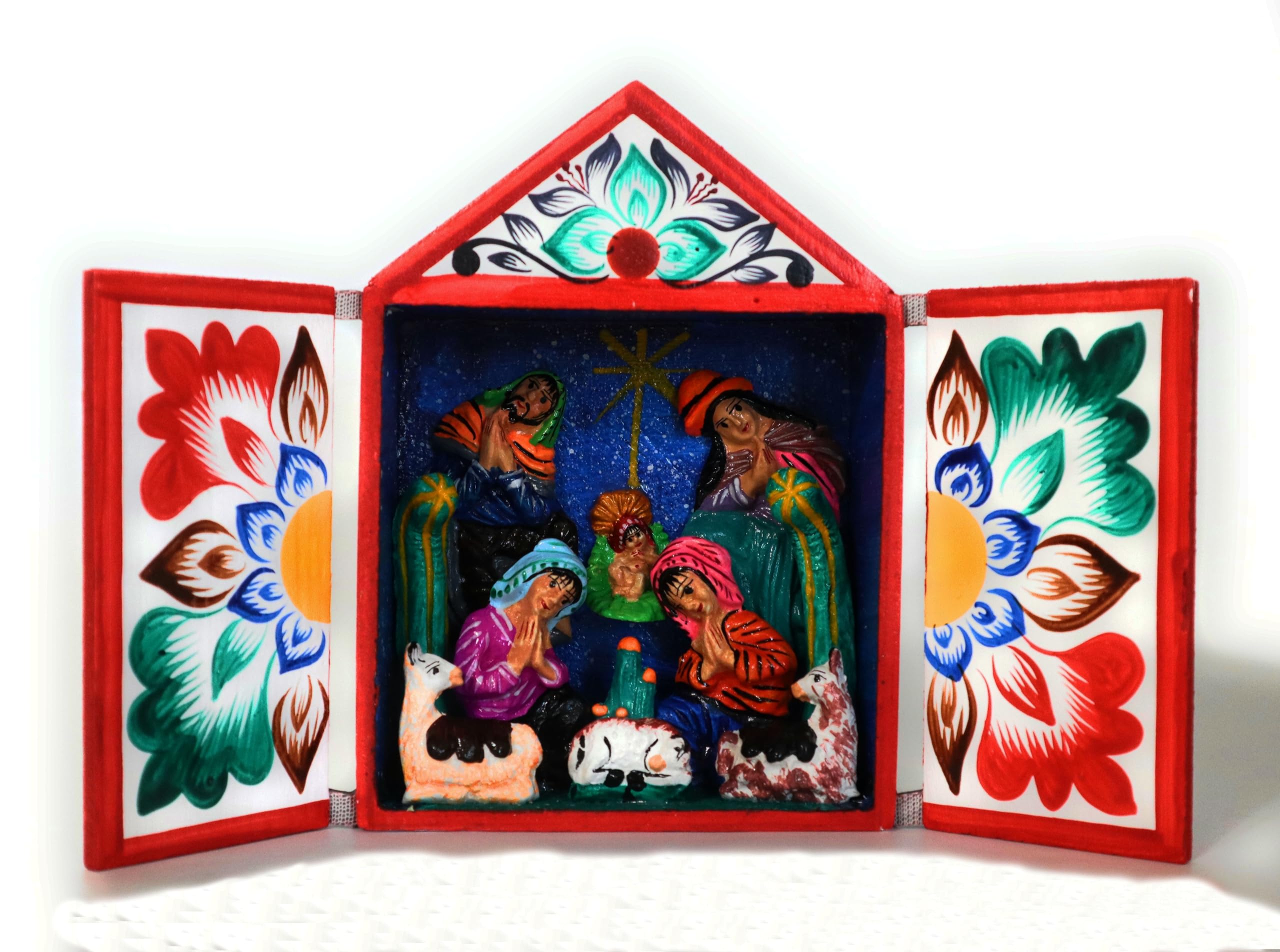 Retablo Box Diorama Nativity Scene Handcrafted Christmas Decor Peruvian Folk Art Wood Altarpiece Retablo Multicolored 5.40