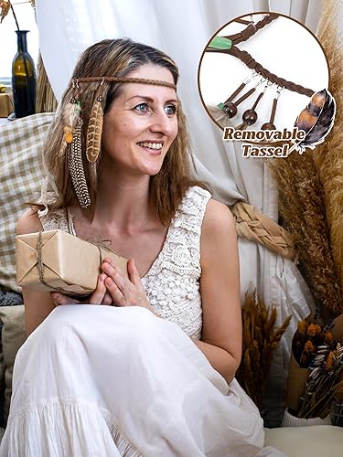 Miniatura 4 de XunYee Diadema de plumas hippie para mujer, accesorios hippie, diadema india, accesorios para el cabello de plumas para disfraz