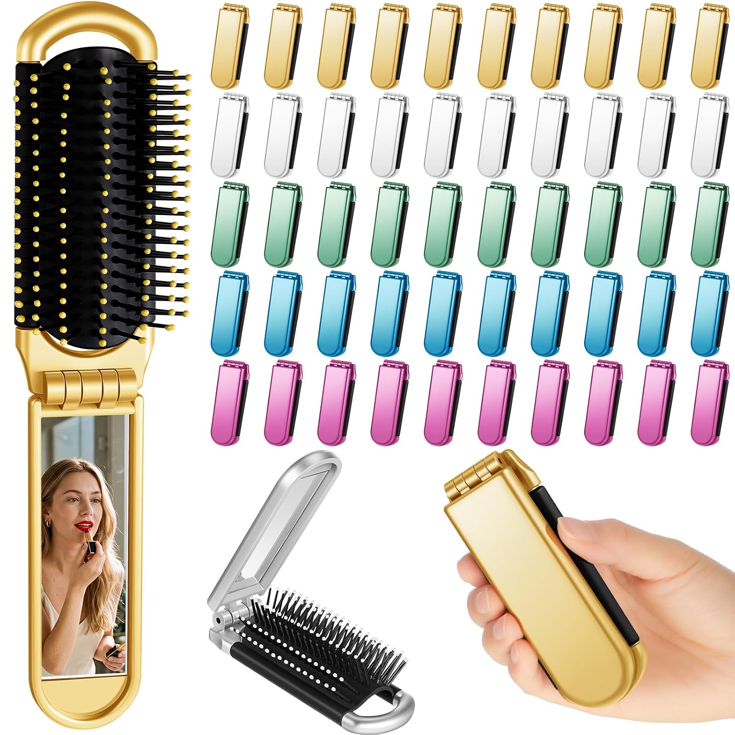 Uiifan 50 Pcs Folding Travel Hair Brush Bulk with Mirror for Women, 5 Color
