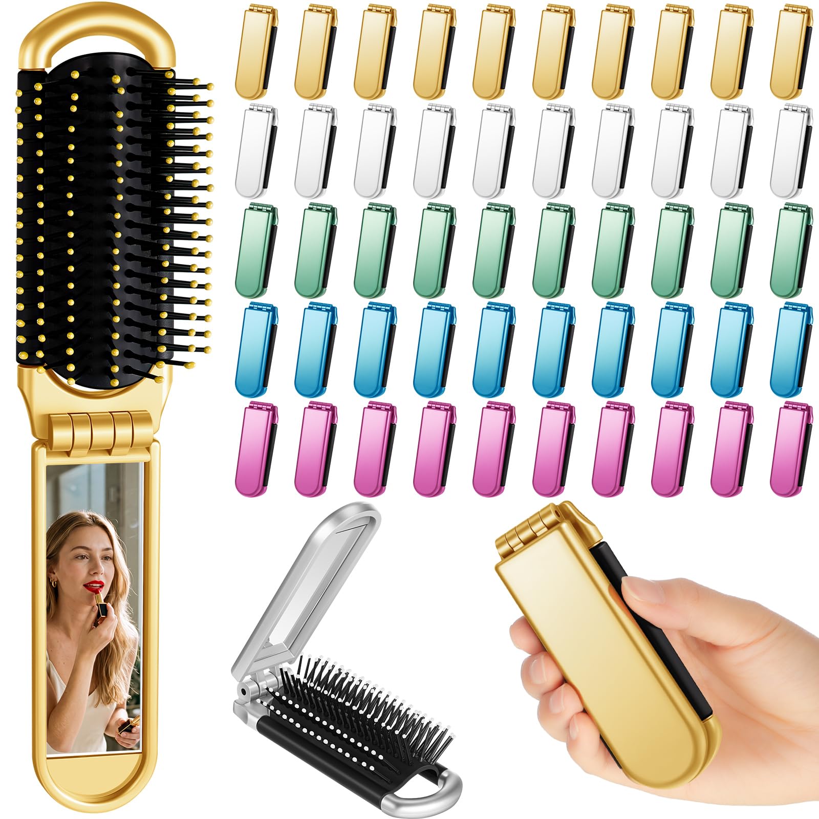 Uiifan 50 Stück Reisebürste, kompakt, tragbar, faltbar, Haarbürste mit Spiegel, Taschengröße, Mini-Haarbürste für Männer und Frauen, Haarstyling-Werkzeuge, Geldbörse, Auto, Fitnessstudio, Spind,