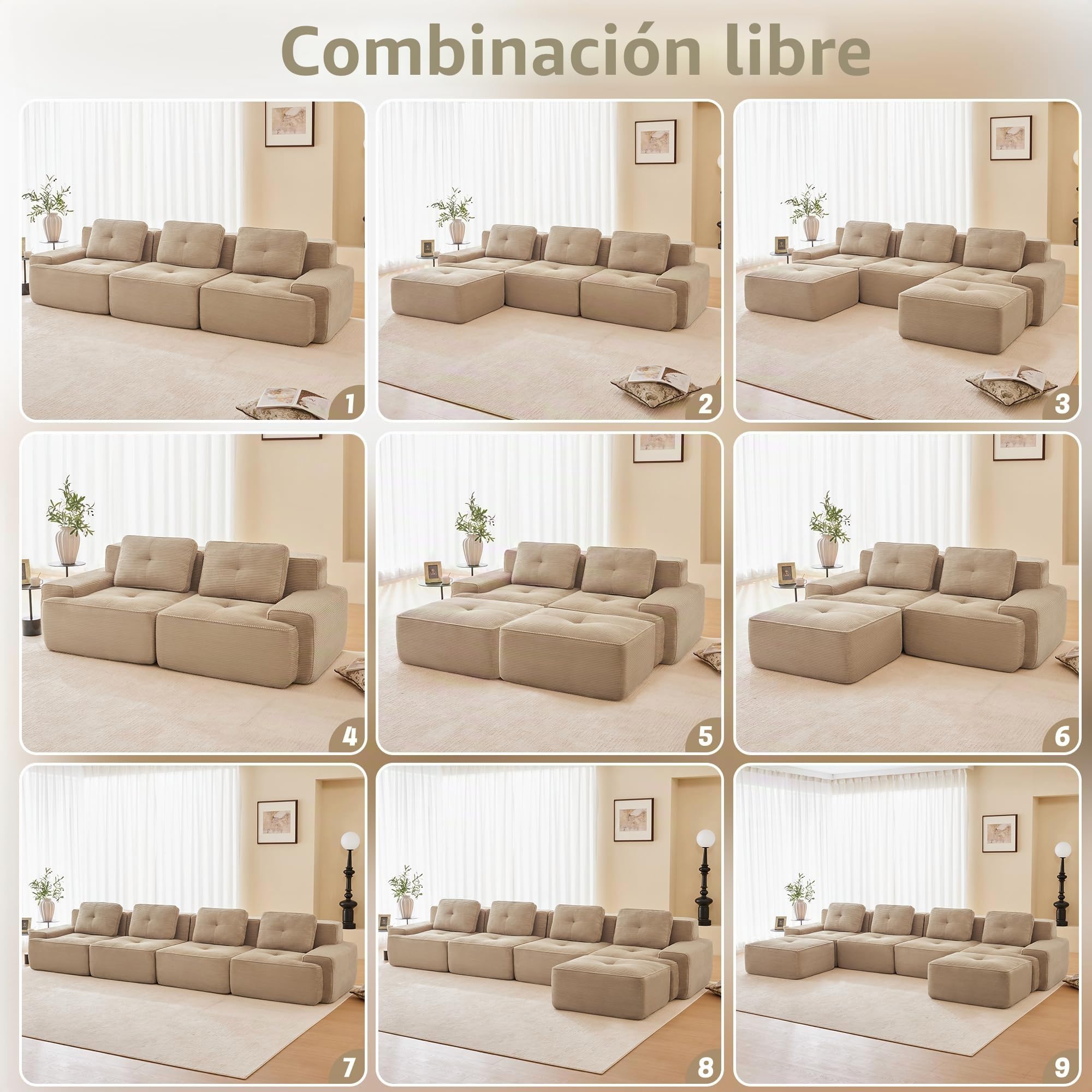 Sofá modular de pana en forma de L, sofá cama con taburete otomano, sofá de salón con comodidad y soporte de asiento bajo, sin montaje, espuma 32D de alta elasticidad (caqui claro, 3 plazas+1)