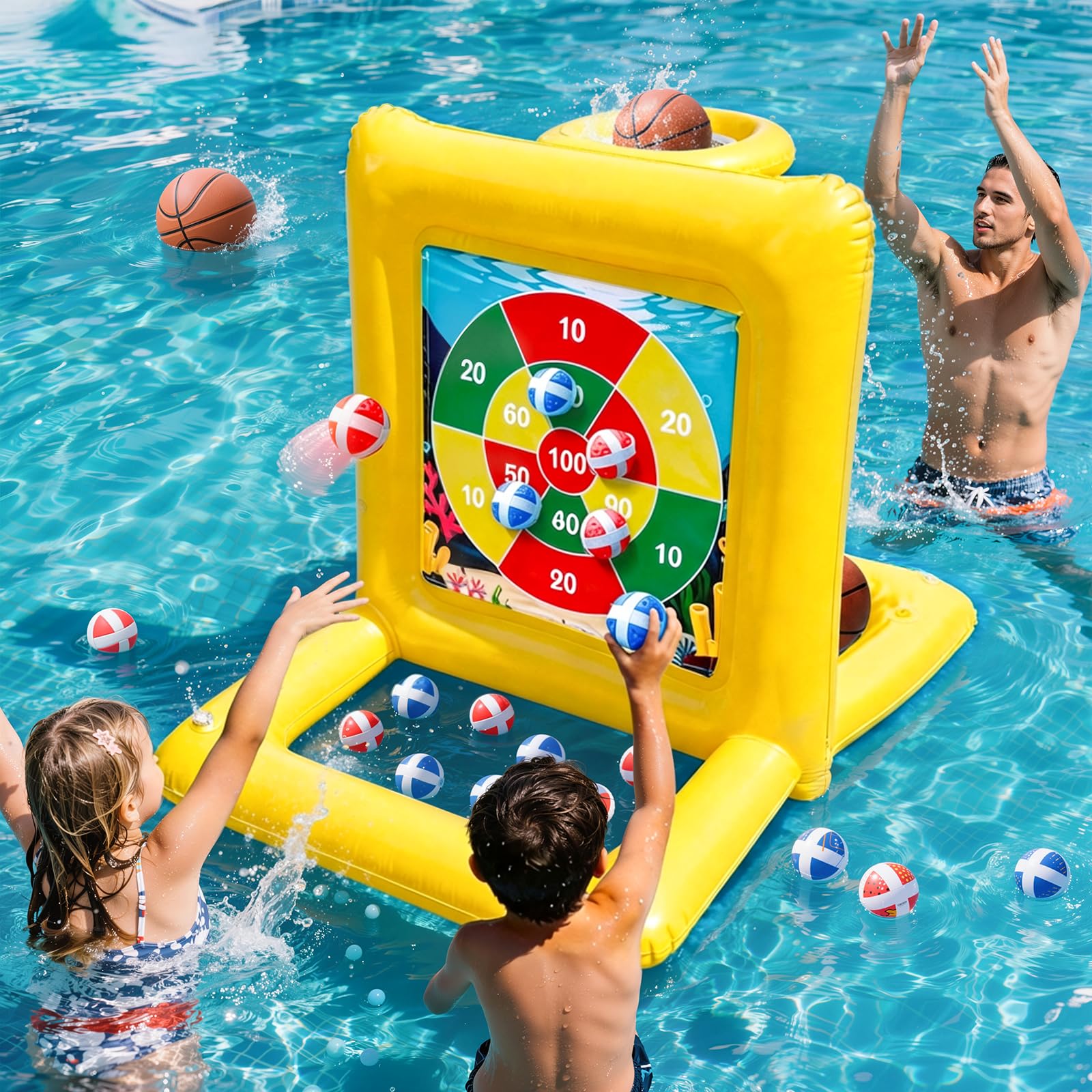 TicTac Shot Pool Toys Games for Kids & Adults, 2-in-1 Pool Basketball Hoop & Dart Target, Family Pool Party Games with Multiple Balls - Yellow
