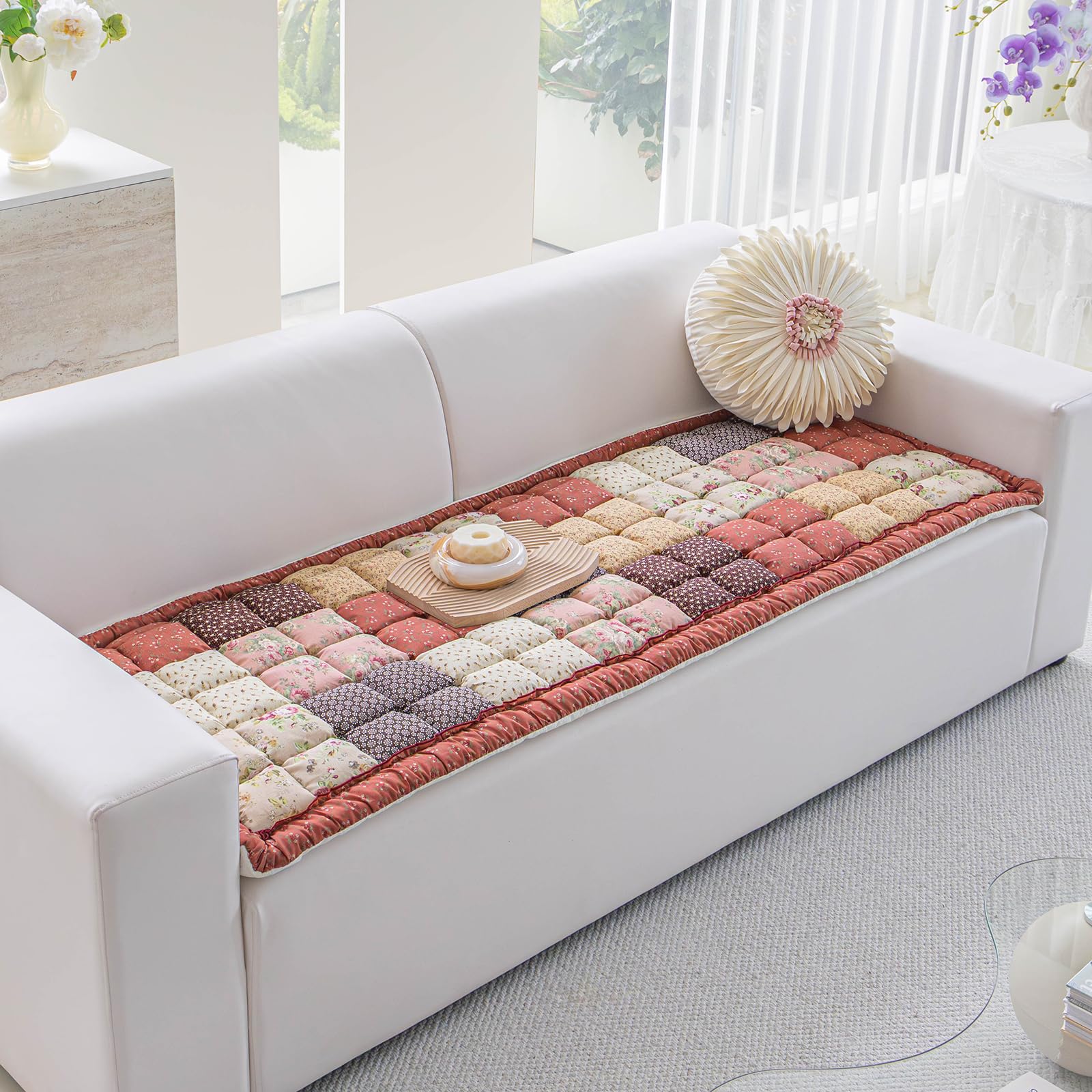 AEEISHOMEREFORM Quilted Cotton Patchwork Sofa Cover, Non-Slip Thickened Couch Protector for 3 Seater Settee, Floral Shabby Chic Furniture Protector for Pets & Kids (Floral Pink Patchwork, 70x180cm)