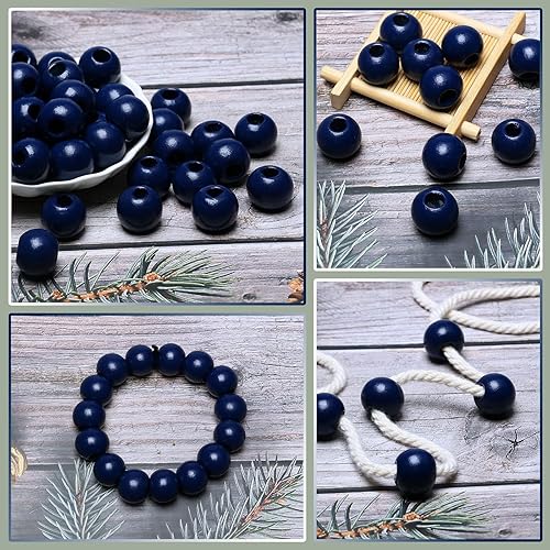Miniatura 3 de 50 cuentas de macramé de madera azul de 0.787 in con agujero grande de 0.315 pulgadas, cuentas espaciadoras de madera, bolas redondas naturales de