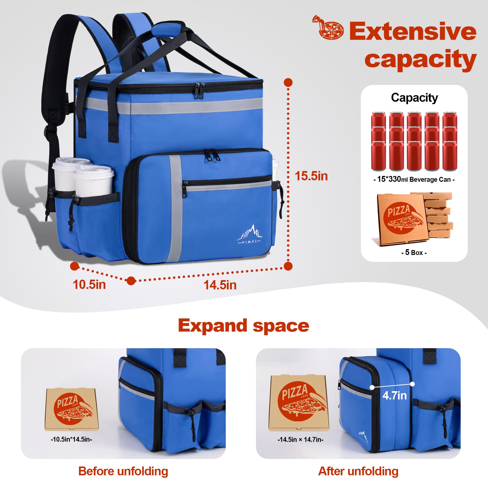 GoHimal Mochila de entrega de alimentos, bolsas de entrega de alimentos aisladas para bicicleta de entrega, bolsa grande de entrega de pizza para caliente/frío con 4 bolsillos reflectantes, perfecta