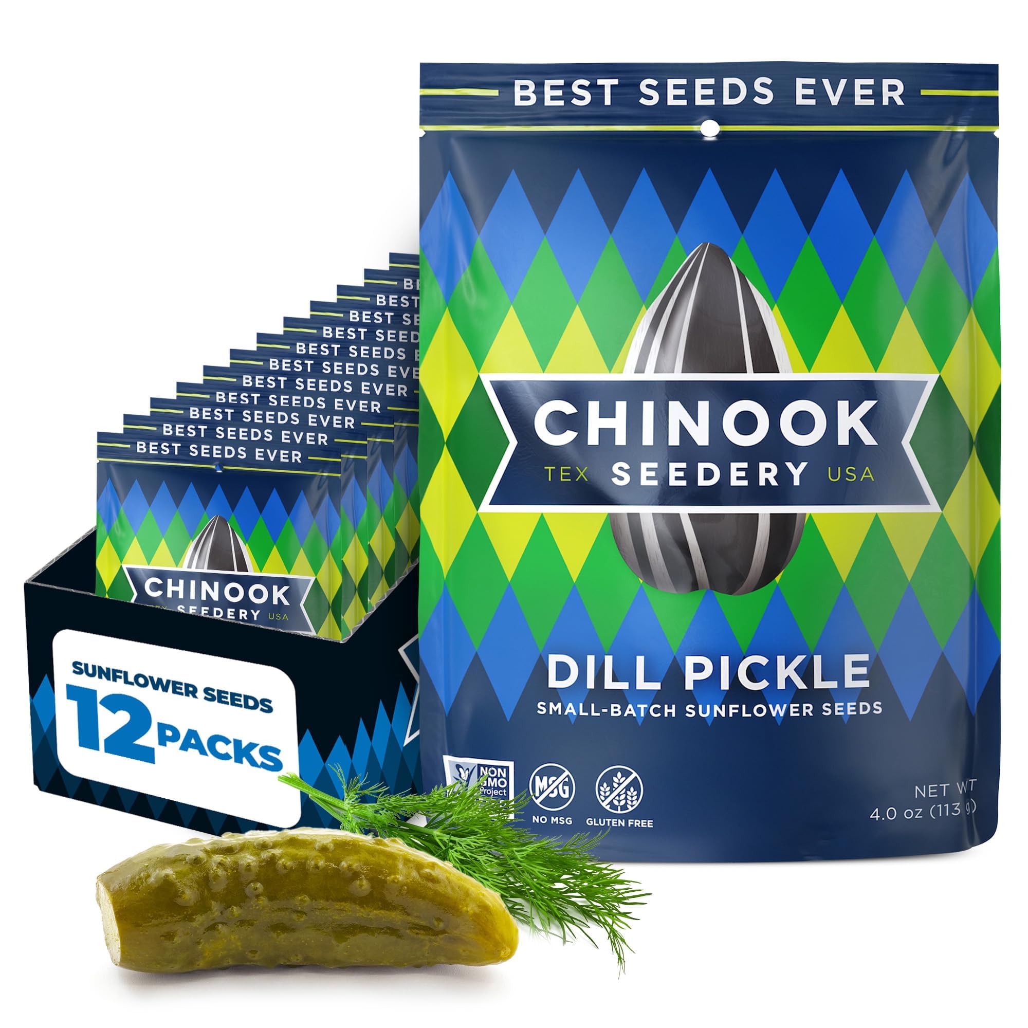 - Chinook Seedery Sunflower Seeds to Eat — Jumbo, Flavored, Roasted, Low Sodium Snacks — Keto Friendly, Gluten-Free, Non-GMO — Dill Pickle Sunflower Seeds 4 oz (12-Pack)