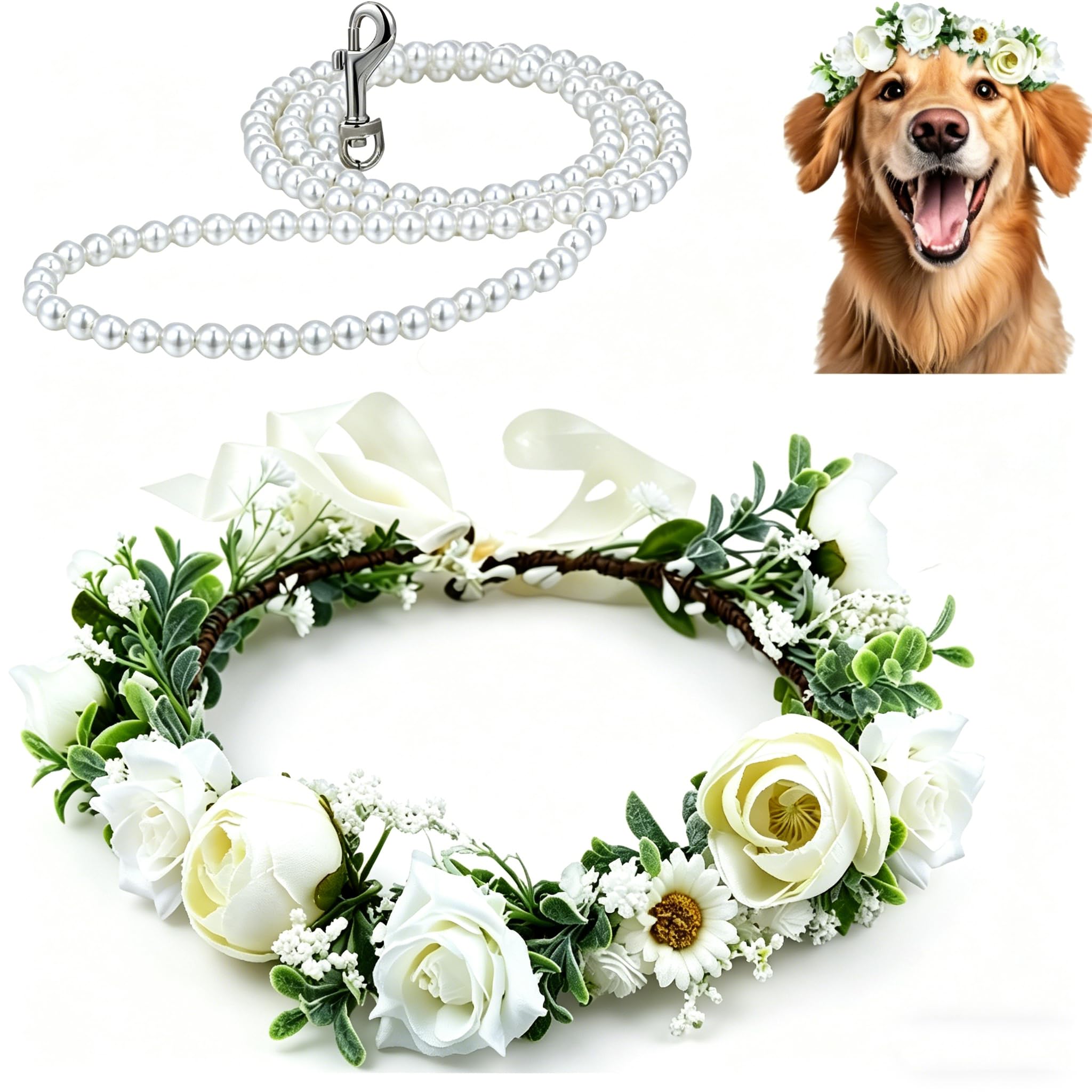 Pet Garland Headdress, Dog Wedding Flower Collar with Pearls Beaded Leash, Adjustable Pet Attire Wreath Bow Wreath Weddings Outfit Flowers Collar Cats Pets Photo Prop