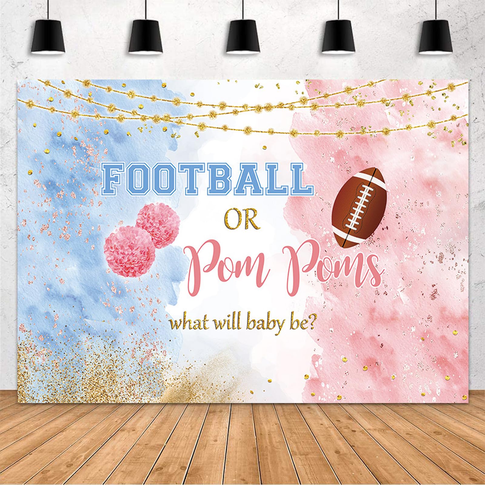 MEHOFOND 7x5ft Blue Pink Gender Reveal Backdrop Football Or Pom Poms Party Decoration Photography Background Watercolor Rose Gold and Navy Blue He or