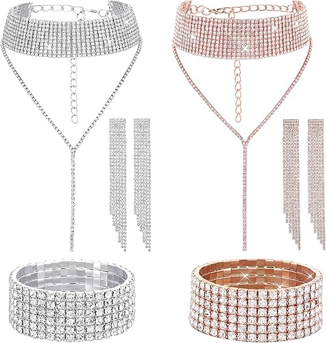 Juego de 2 joyas de cristal de diamantes de imitación para mujer, disfraz de novia con purpurina, collar con flecos, pulsera, Diamante de imitación