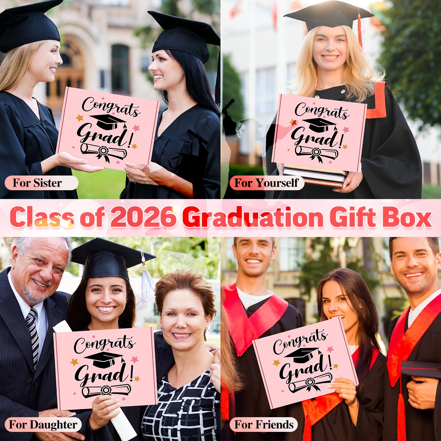 12 Pieces 2026 Graduation Gift Box Set, Class of 2026 Graduation Gift Basket with 16 Oz Glass, Socks, Bear Towel, Journal Notebook, Makeup Bag, Bracelet, Keychain for High School College Gifts